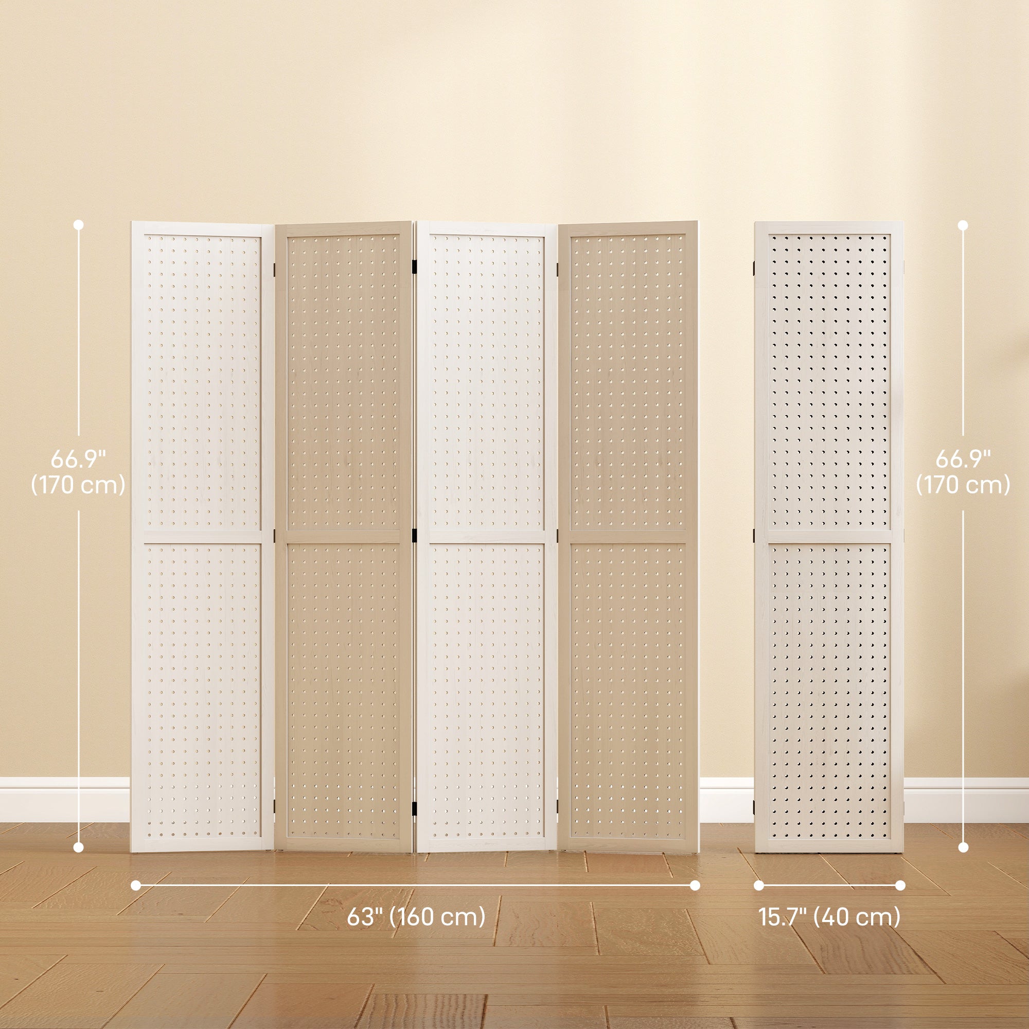 5.6 Ft. Tall 4-Panel Room Divider, Pegboard Panel Folding Privacy Screen, Partition Wall Divider for Bedroom, White