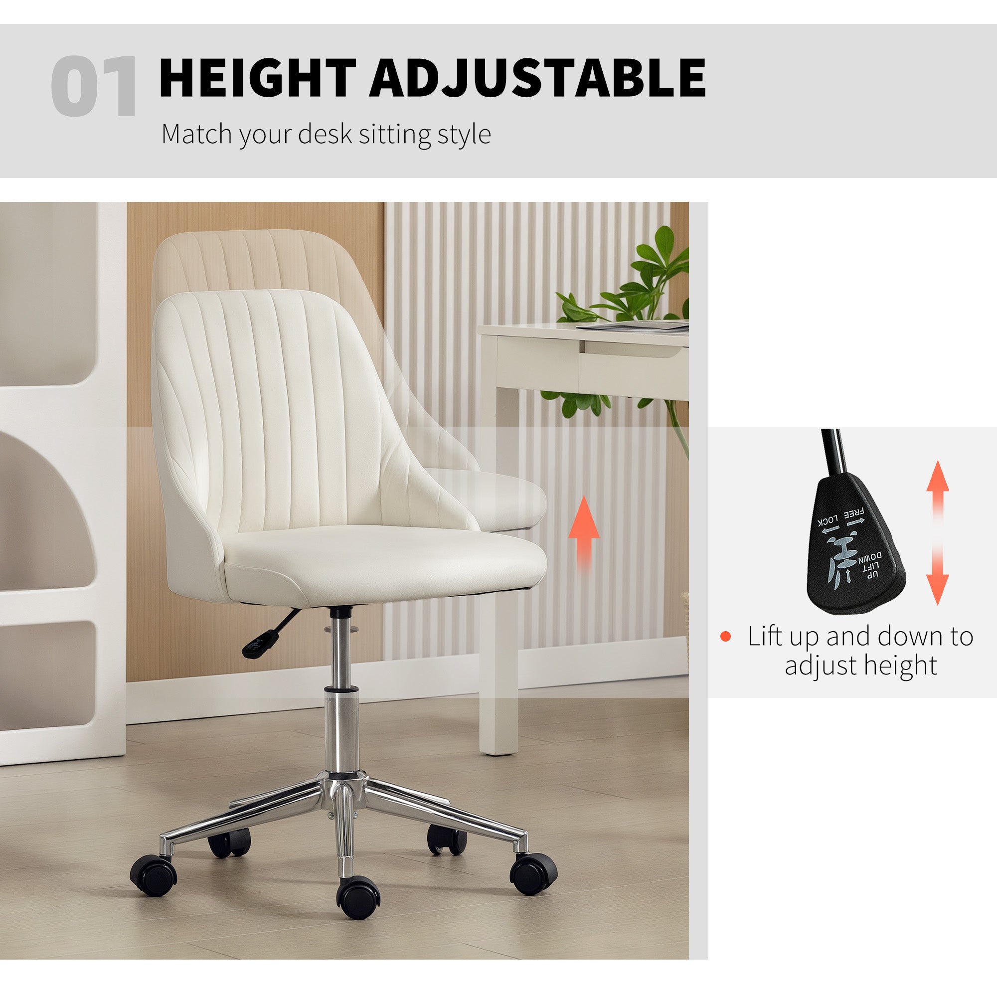 Vanity Chair for Makeup, Velvet Comfy Office Chair with Adjustable Height, Swivel Wheels for Bedroom, Living Room, Cream-Office Products > Office Furniture > Office Chairs > Task Chairs-DECOROLALA