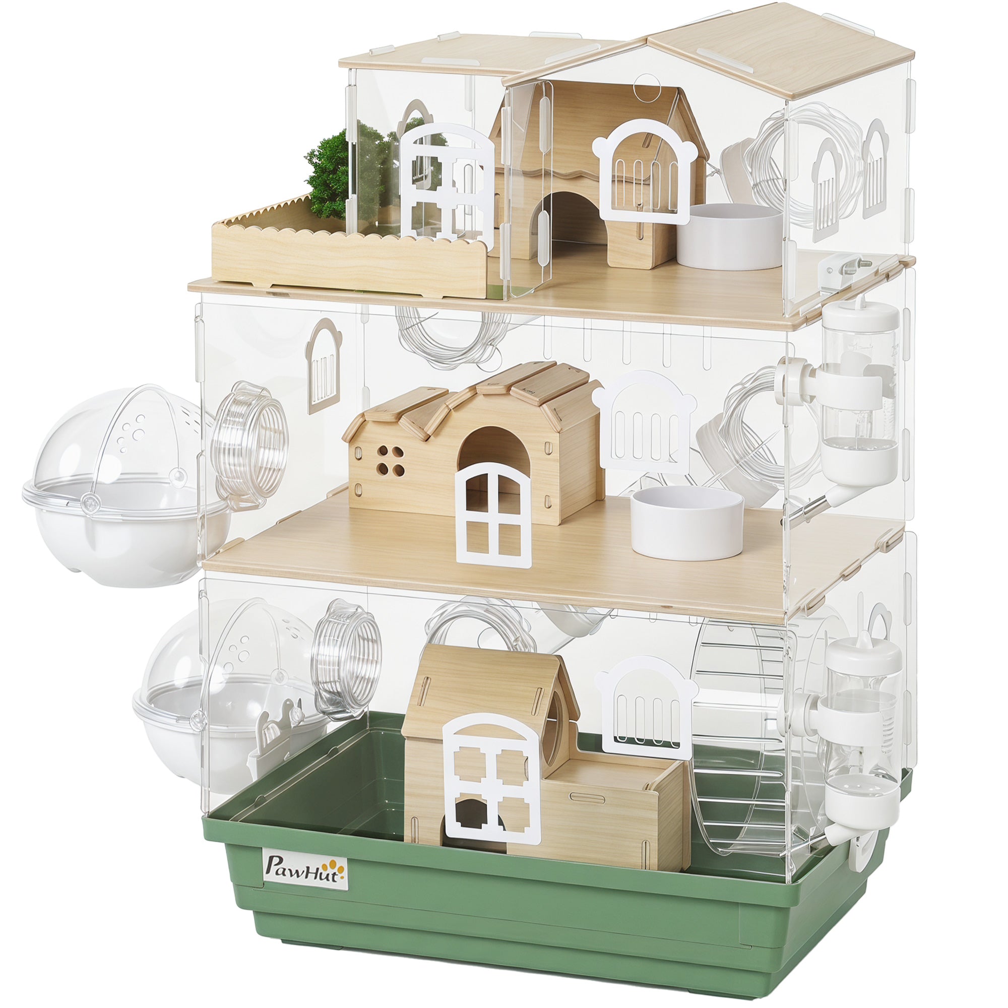 Large Hamster Cage, 3 Tiers Acrylic Hamster Habitat with Water Bottles, Running Wheel for Pet Mice, Dwarf Hamster
