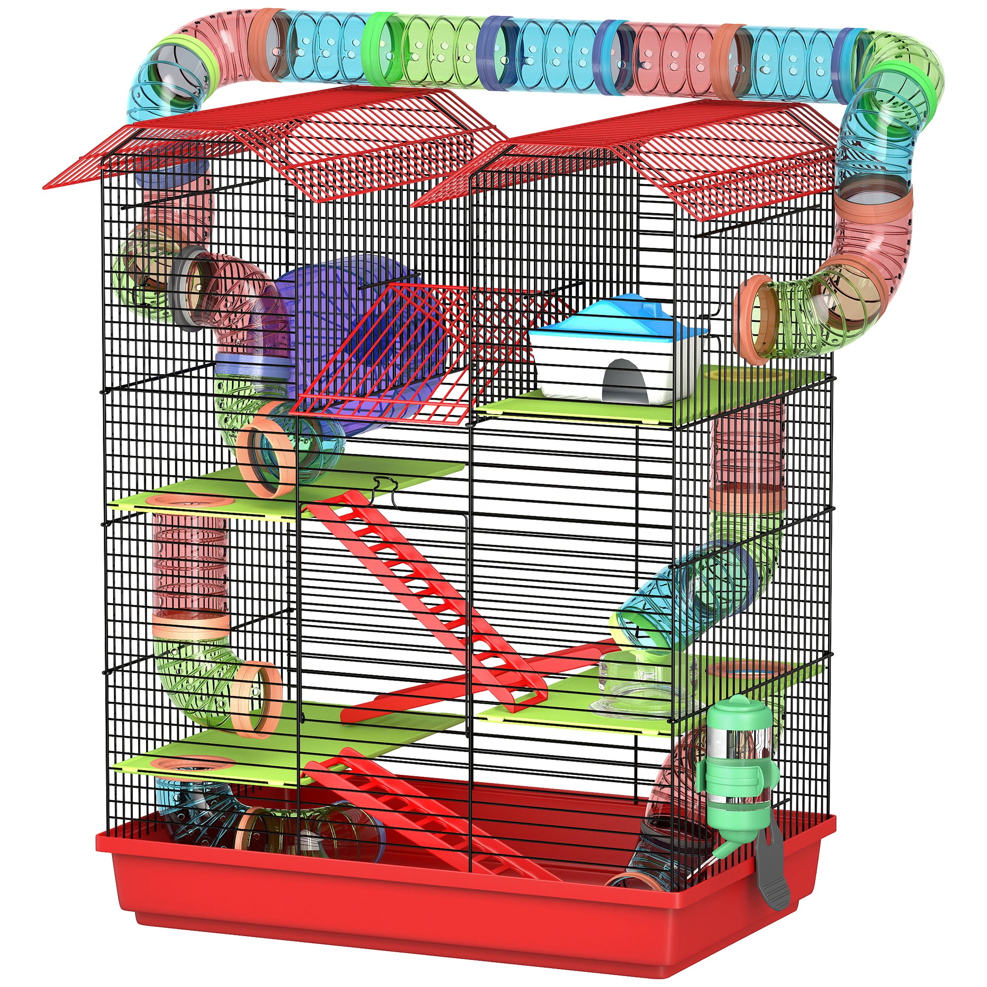 18.5" Hamster Cage, 5 Tiers Small Animal House with Tunnel Tube System, Exercise Wheel, Water Bottle, Red