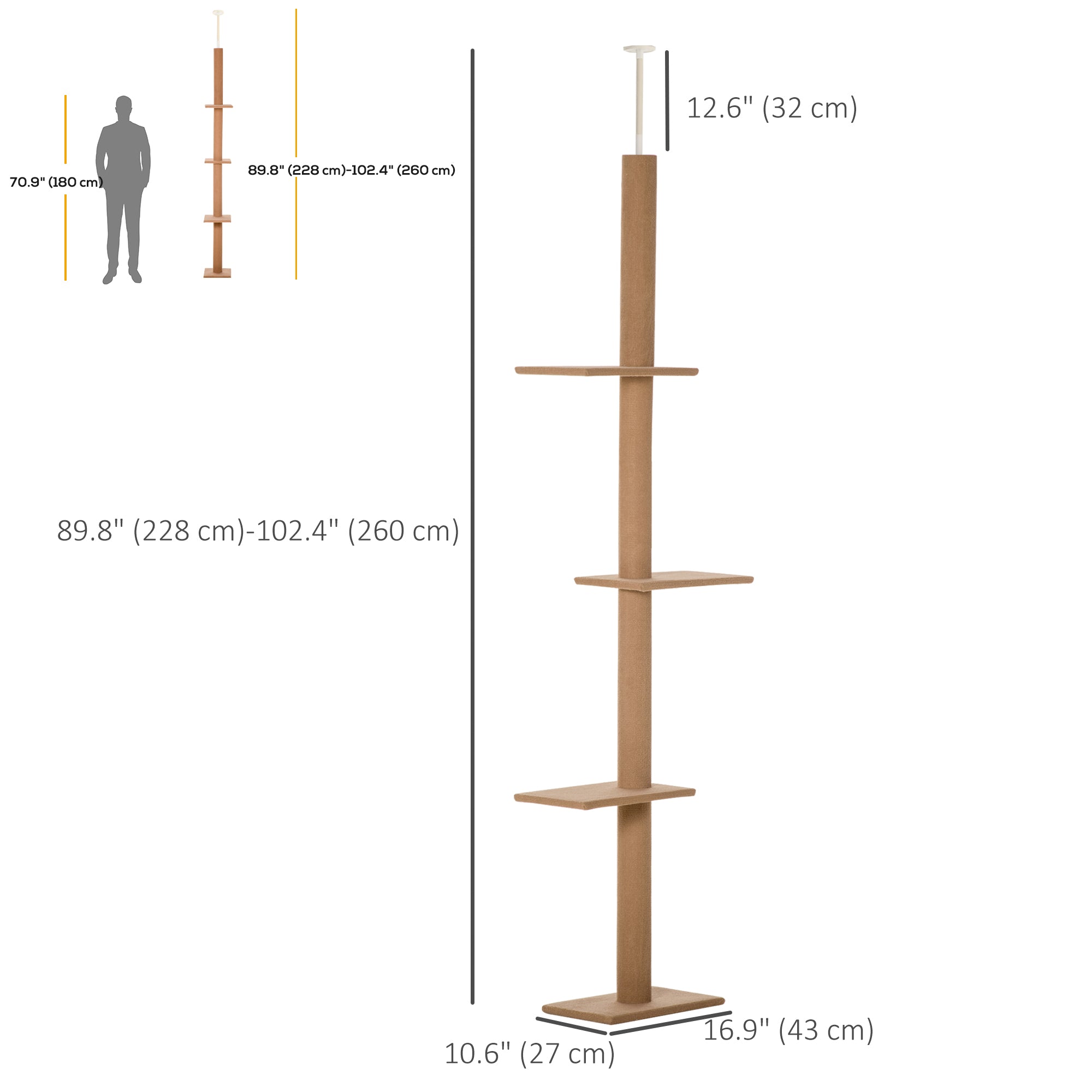 100" Floor To Ceiling Cat Tree w/ 3 Perches Activity Center for Kittens Cat Tower Furniture, Light Brown