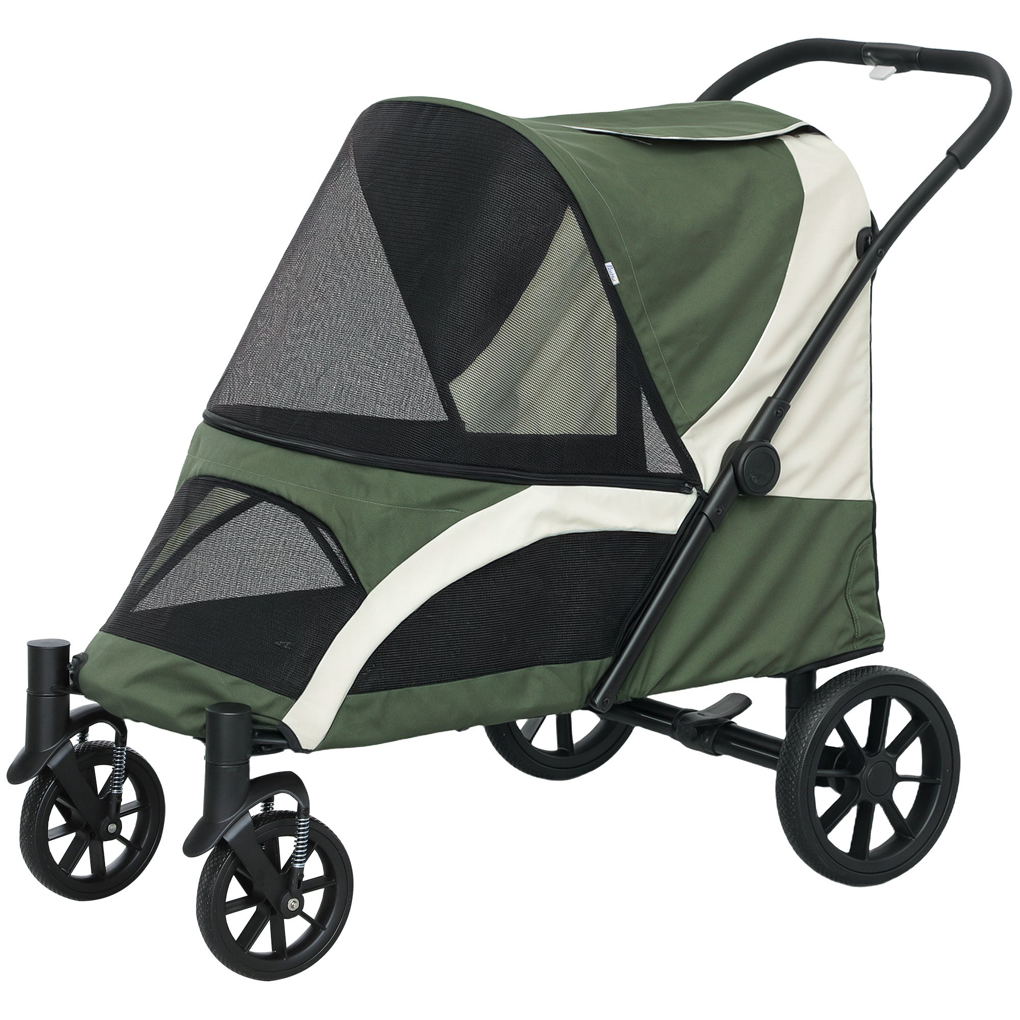 Foldable Pet Stroller for Medium Dogs with Four Big Wheels, Shock-Absorbing Frame, Safety Leashes, Brakes, Dark Green