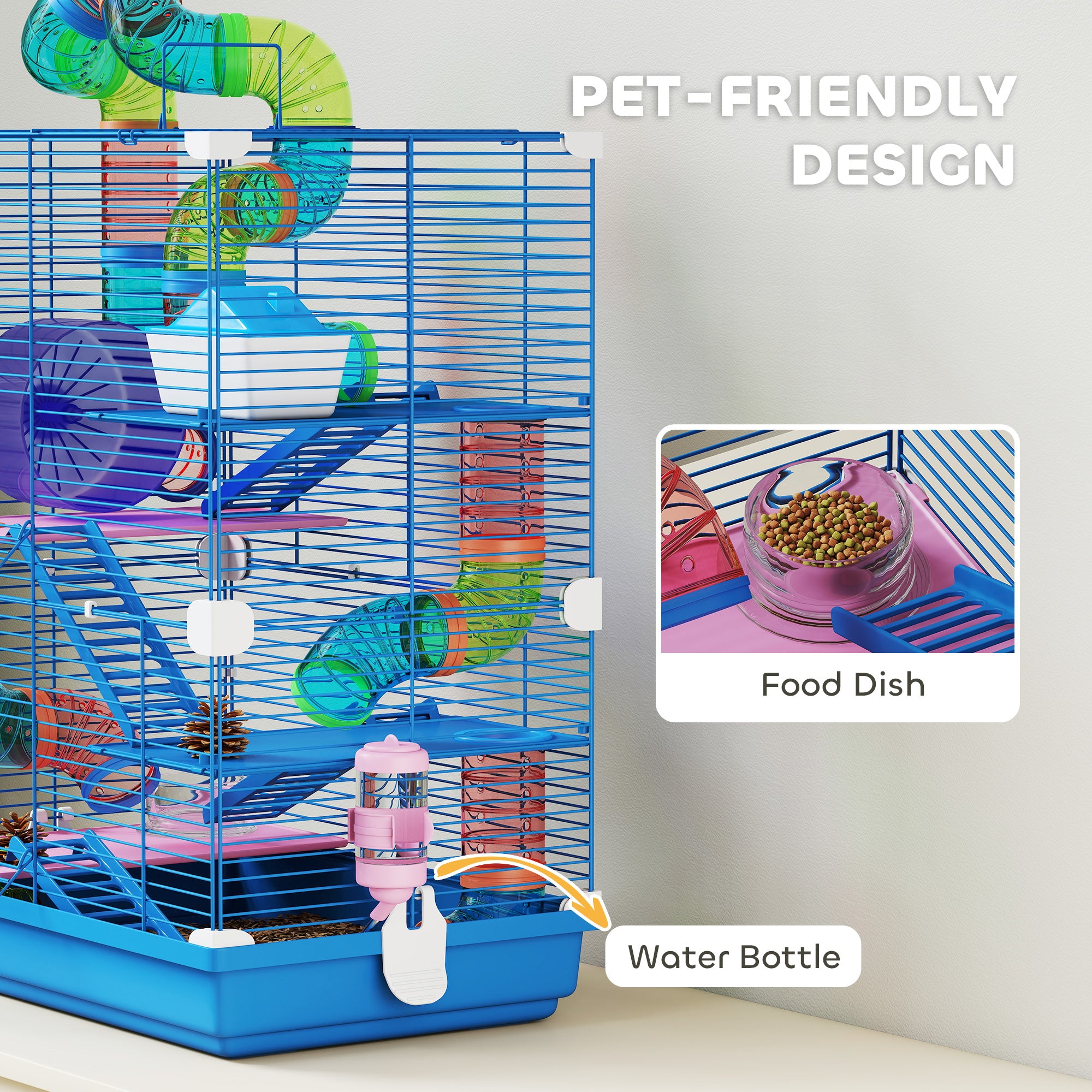 5 Tiers Hamster Cage Portable with Exercise Wheels Play Tube Water Bottle Dishes House Ladder for Gerbils, Dark Blue
