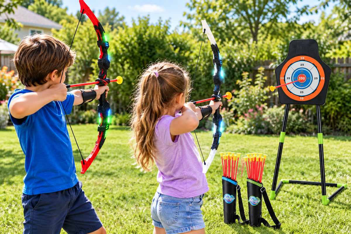 Youth Archery Bow Set - 2 LED Bows, 20 Suction Cup Arrows, Target-Lawn Games-DECOROLALA