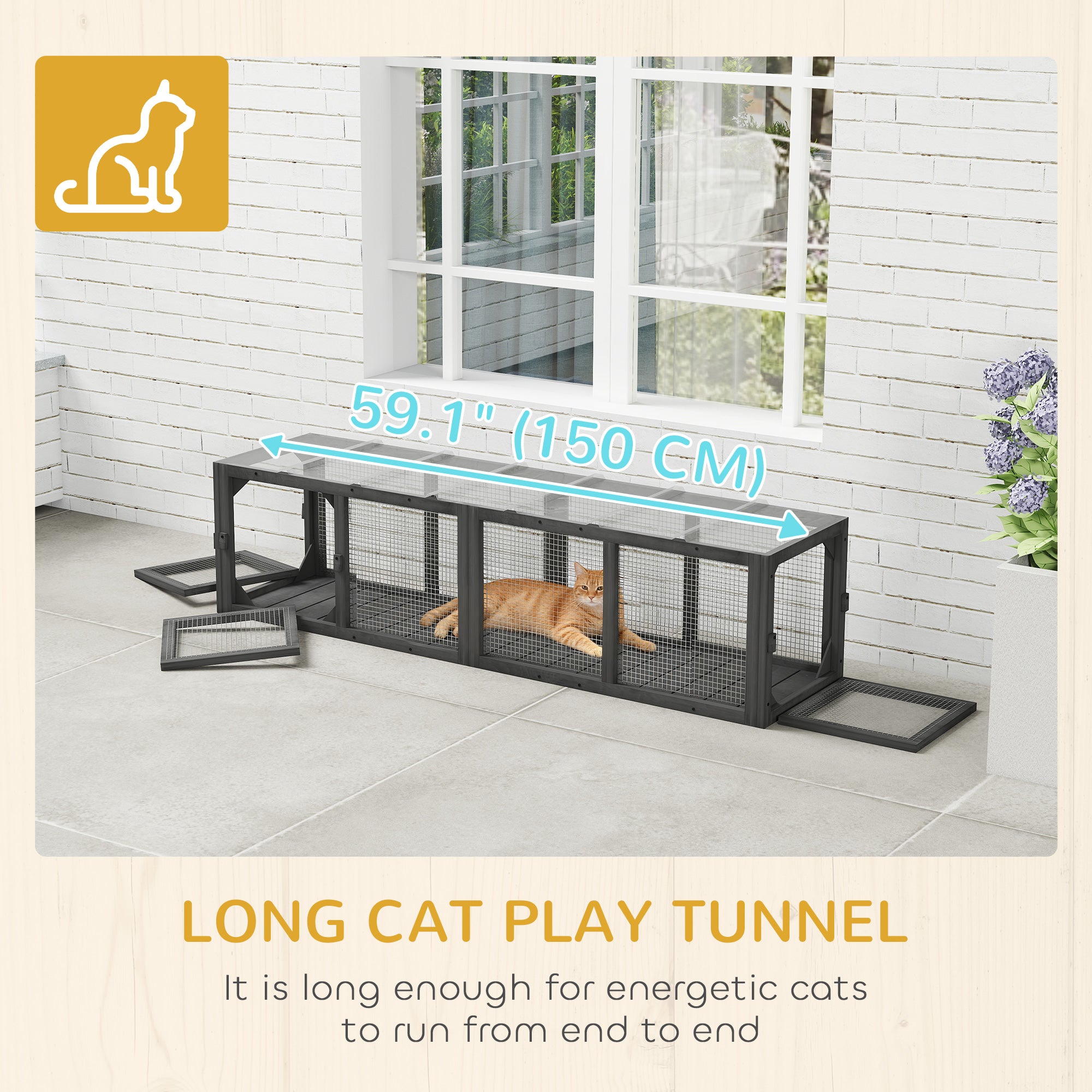 Outdoor Cat Tunnel, Wooden Play Cat Enclosure, Extendable Pet Run with 3 Doors, for Indoor and Outdoor Use, Grey