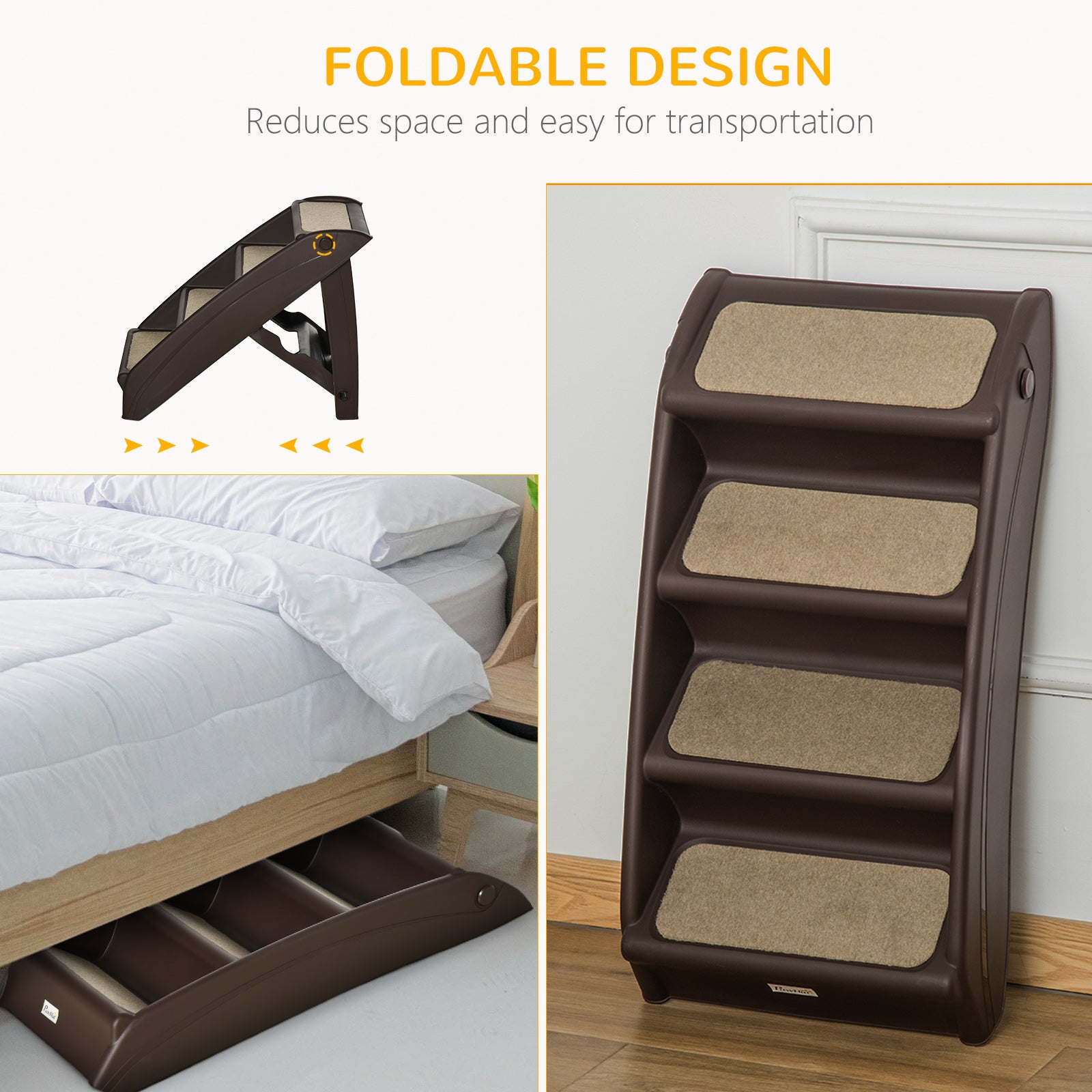 Escalier portable pour animaux à 4 niveaux, rampe pliable pour chiens, marches légères pour chats, avec tapis souples antidérapants, pour lit haut et canapé, jusqu’à 20 kg, brun foncé