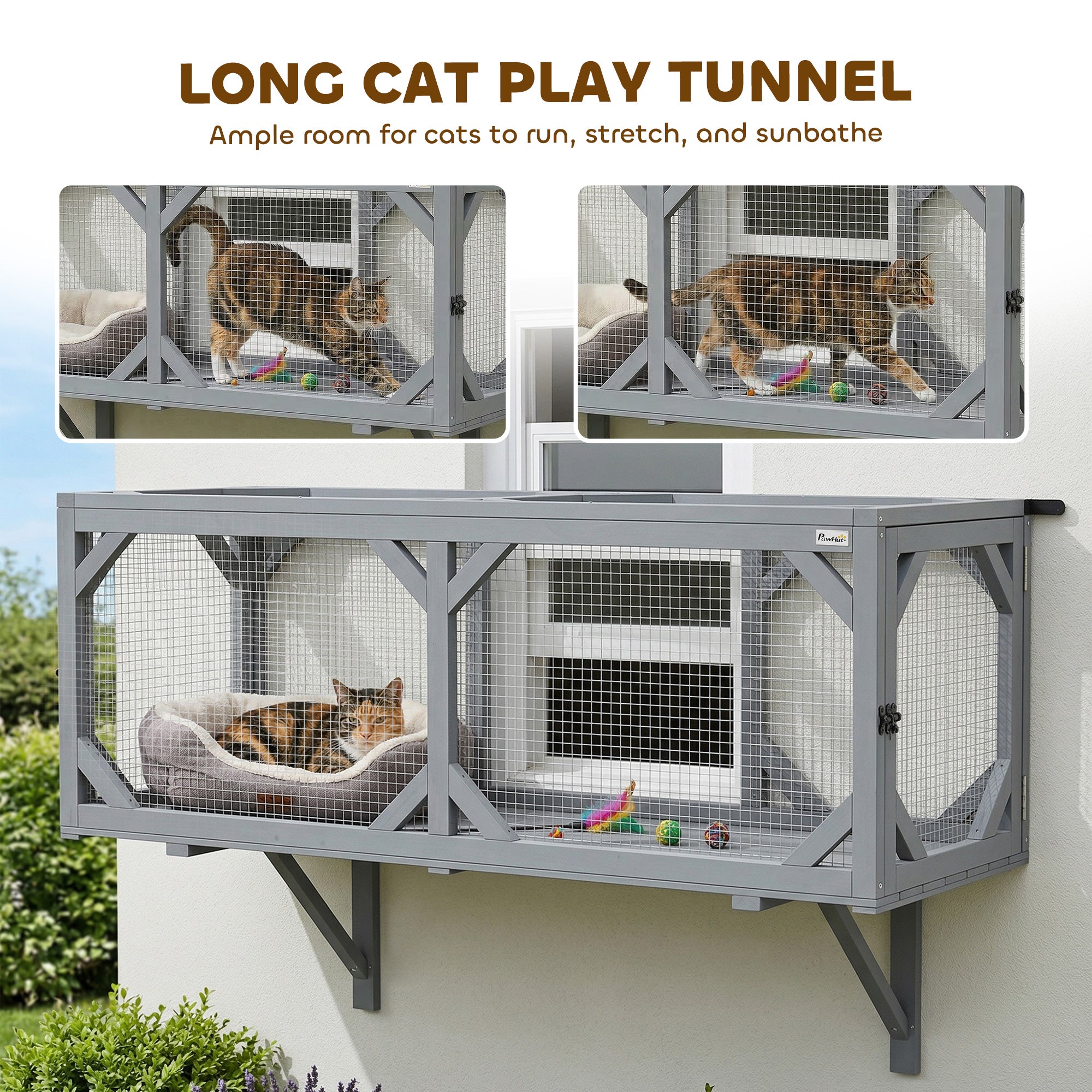 Cat Tunnel, Wooden Catio Outdoor Cat Enclosure with 2 Doors and Extendable Design, Wall-Mounted Pet Run