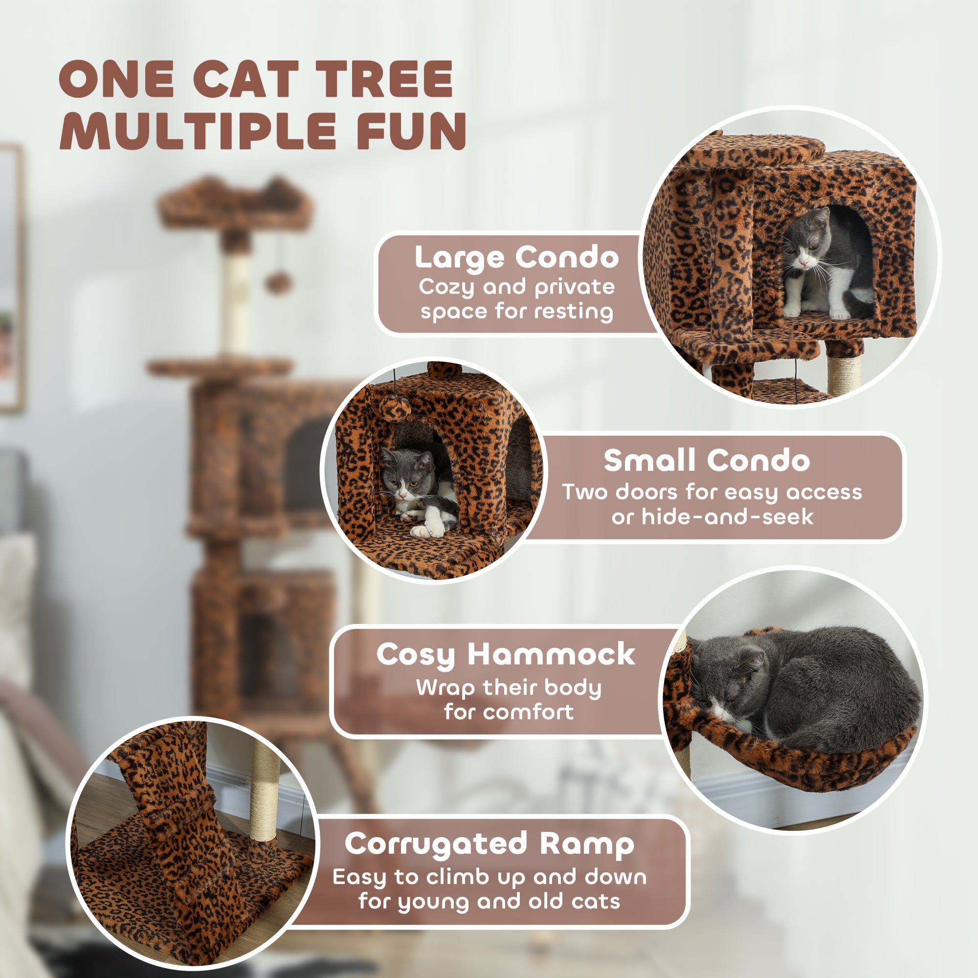 63 Inch Cat Tree with Sisal Scratching Posts, Condos, Plush Perches, Hammock, Ladder, Dangling Balls, Leopard Print