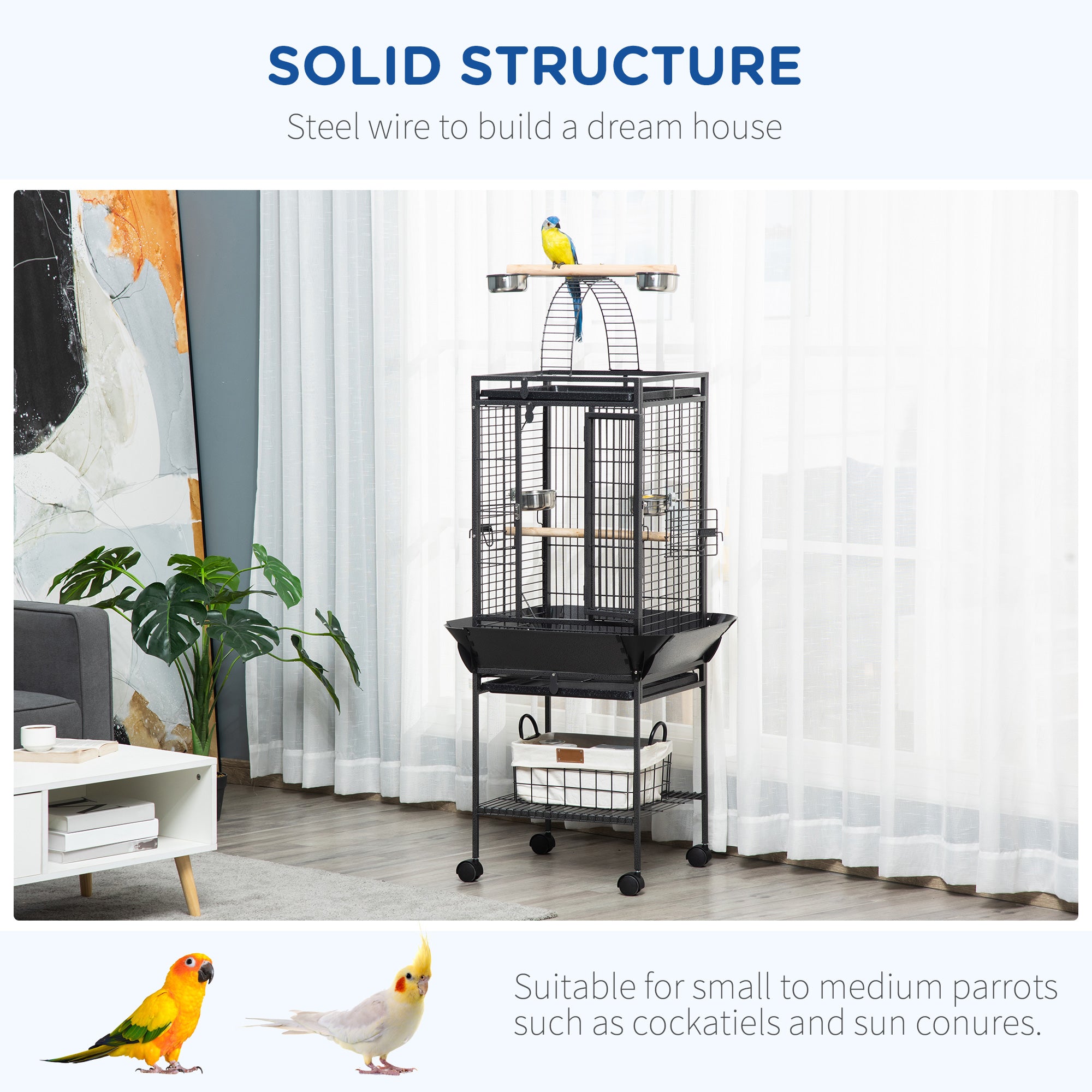 Cage à oiseaux de 61.5 pouces, maison pour perruches et calopsittes avec support, plateau amovible, aire de jeu supérieure, étagère de rangement, perchoir en bois et récipient à nourriture