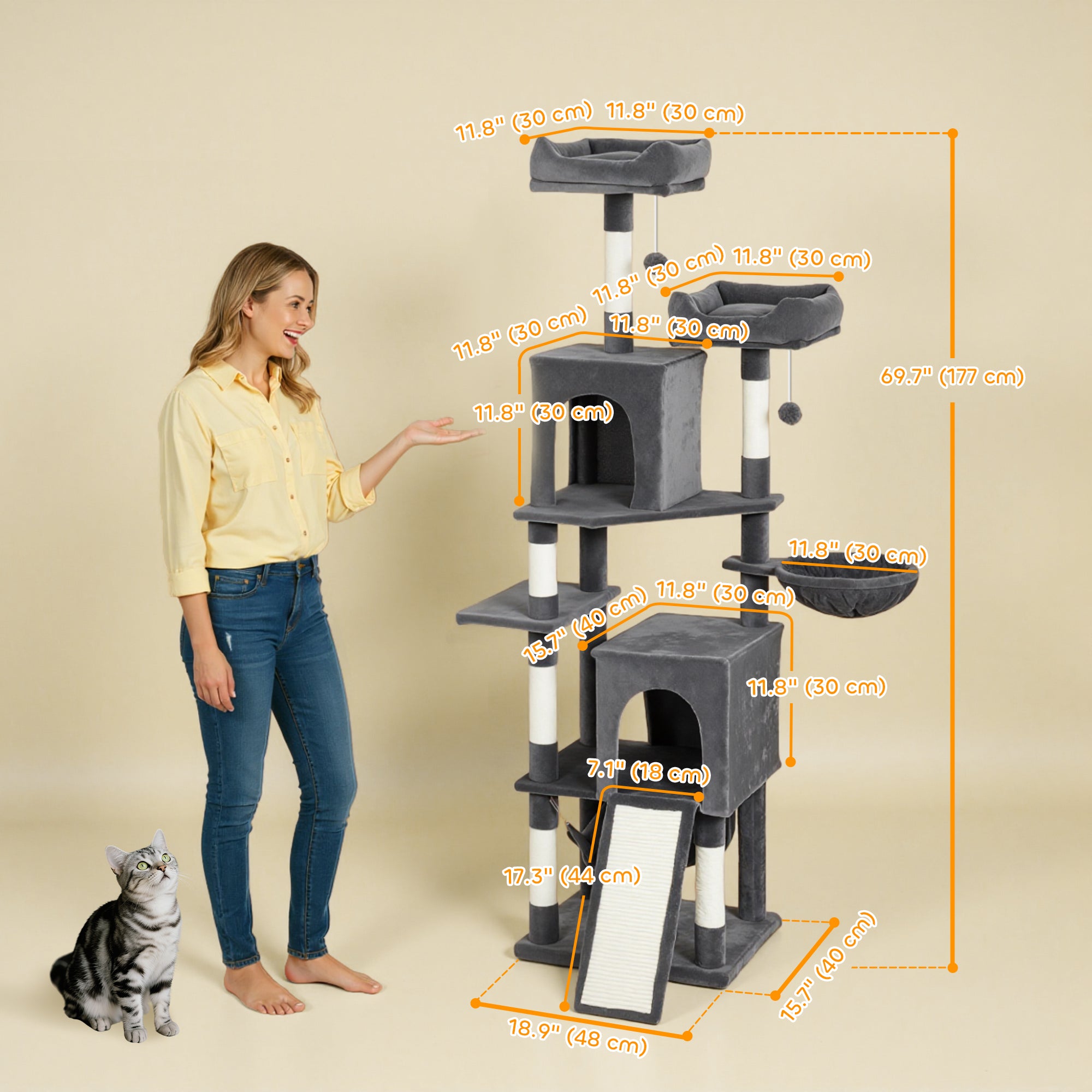 Cat Tree, 70" Multi-Level Cat Tower with 2 Condos, 2 Perches, Hammock, Toy Balls, Scratching Posts and Board, Dark Grey