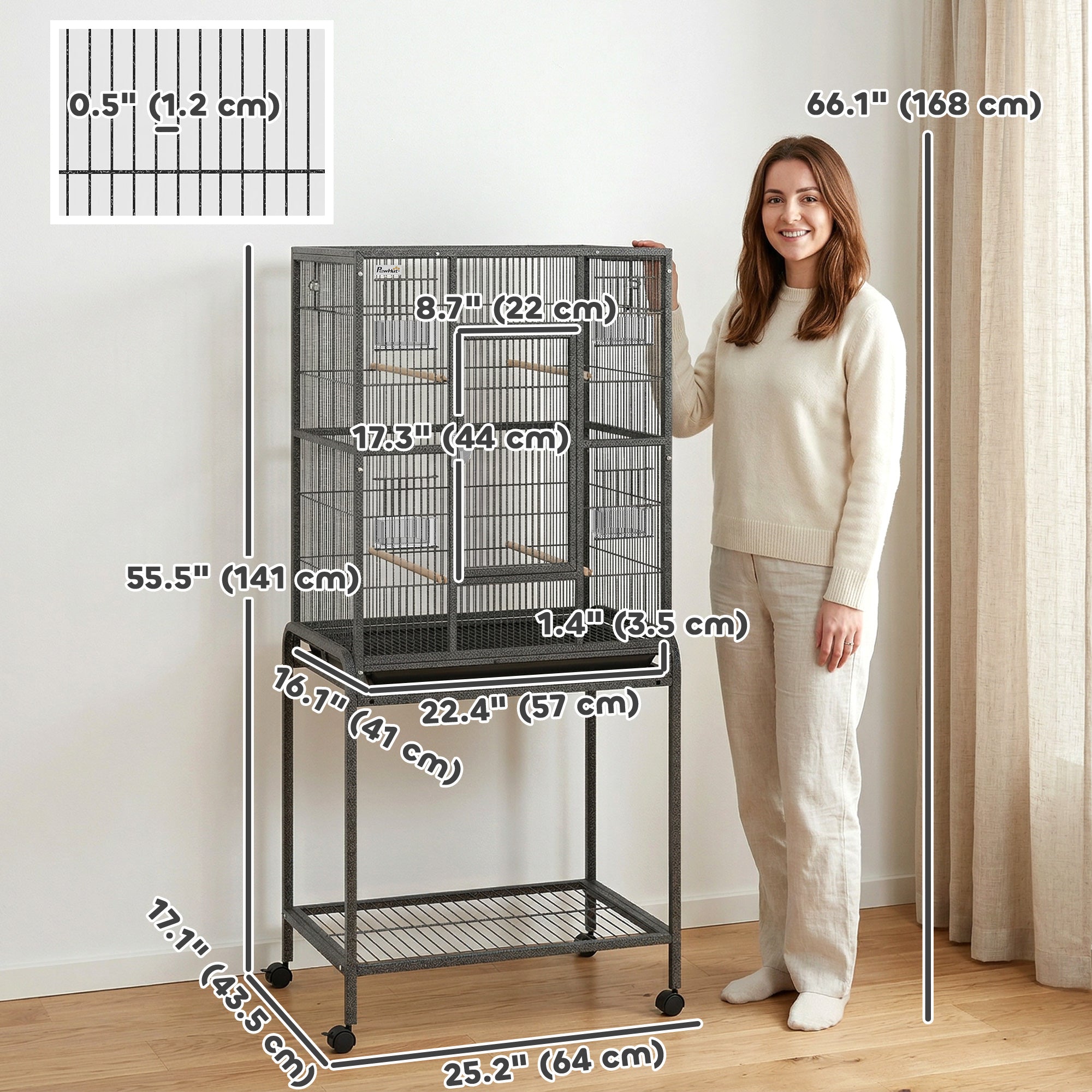 Cage à oiseaux de 56 po, cage à perroquet avec support roulant amovible, plateau amovible, étagère de rangement, perchoirs et récipient à nourriture