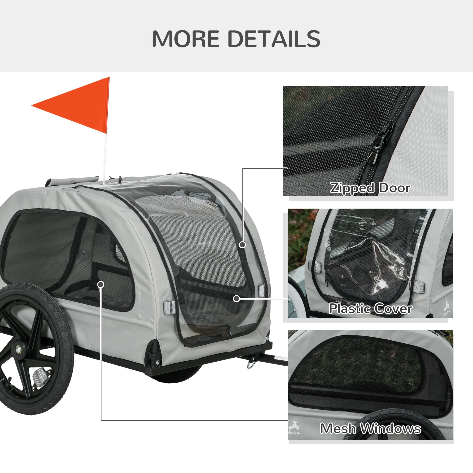 Aosom Dog Bike Trailer with Mesh Windows, Safety Leash, Safety Flag, Doors, for Small Medium Dogs Travel, Light Grey