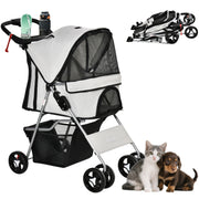 Cat Dog Stroller, One-click Foldable Pet Stroller w/Cup Holder, 4 Wheels Travel Carrier w/Brakes, 360° Swiveling Front Wheels, Storage Basket, for XS/Small Dogs Cats, Grey