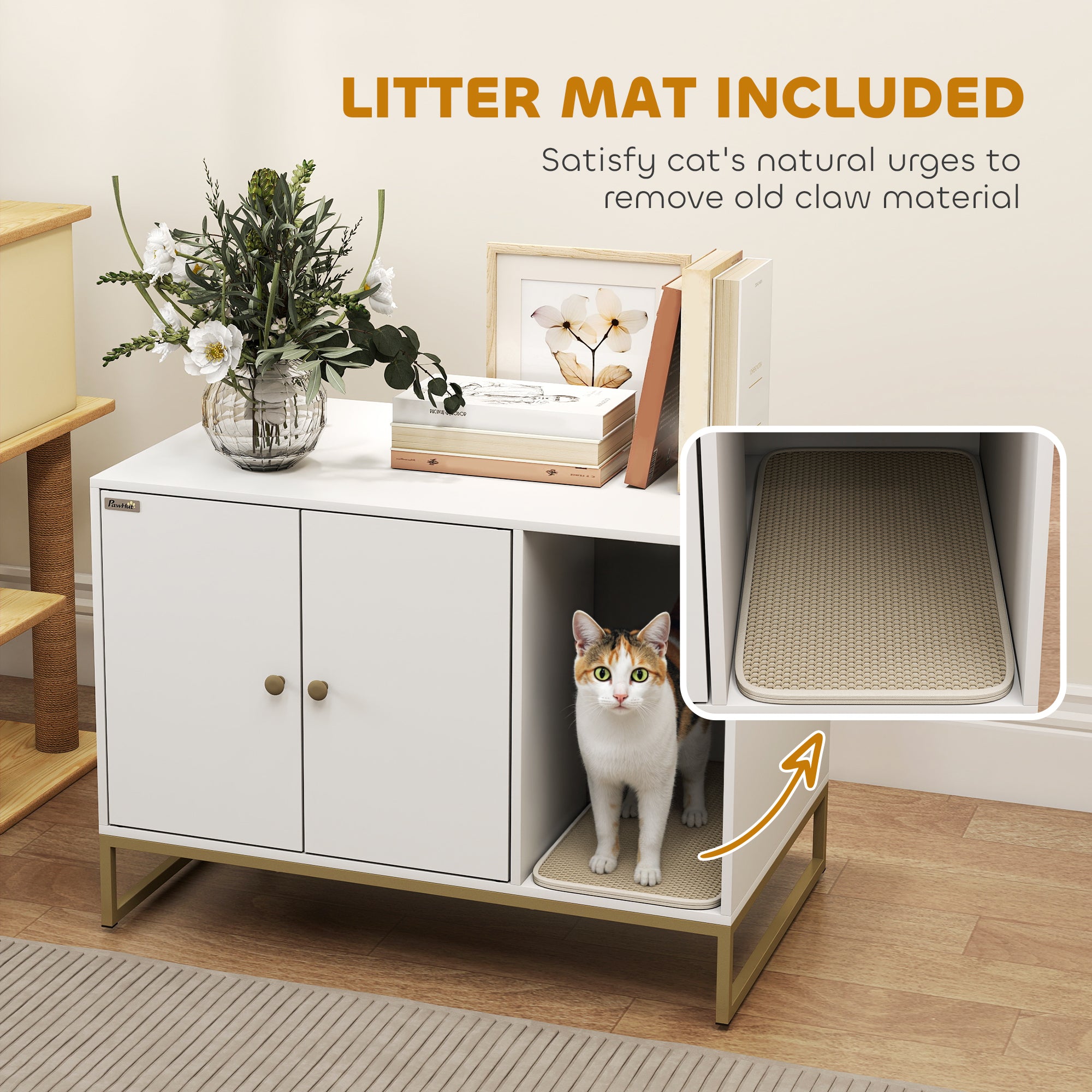 Enclos pour bac à litière pour chat avec pieds hauts, tapis de litière, convient à la plupart des bacs à litière, 31.5" x 20" x 22", blanc
