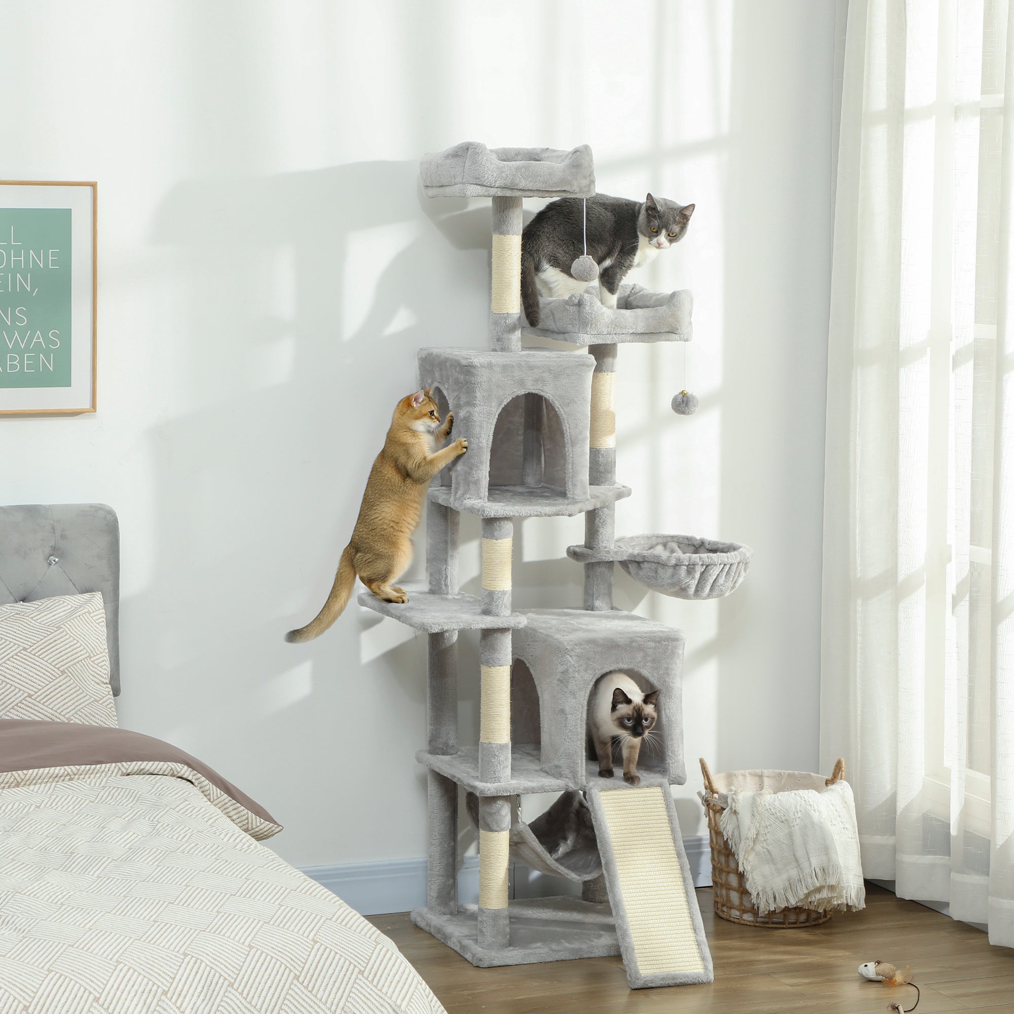 Cat Tree, 70" Multi-Level Cat Tower with 2 Condos, 2 Beds, Hammock, Toy Balls, Scratching Posts and Board, Light Grey