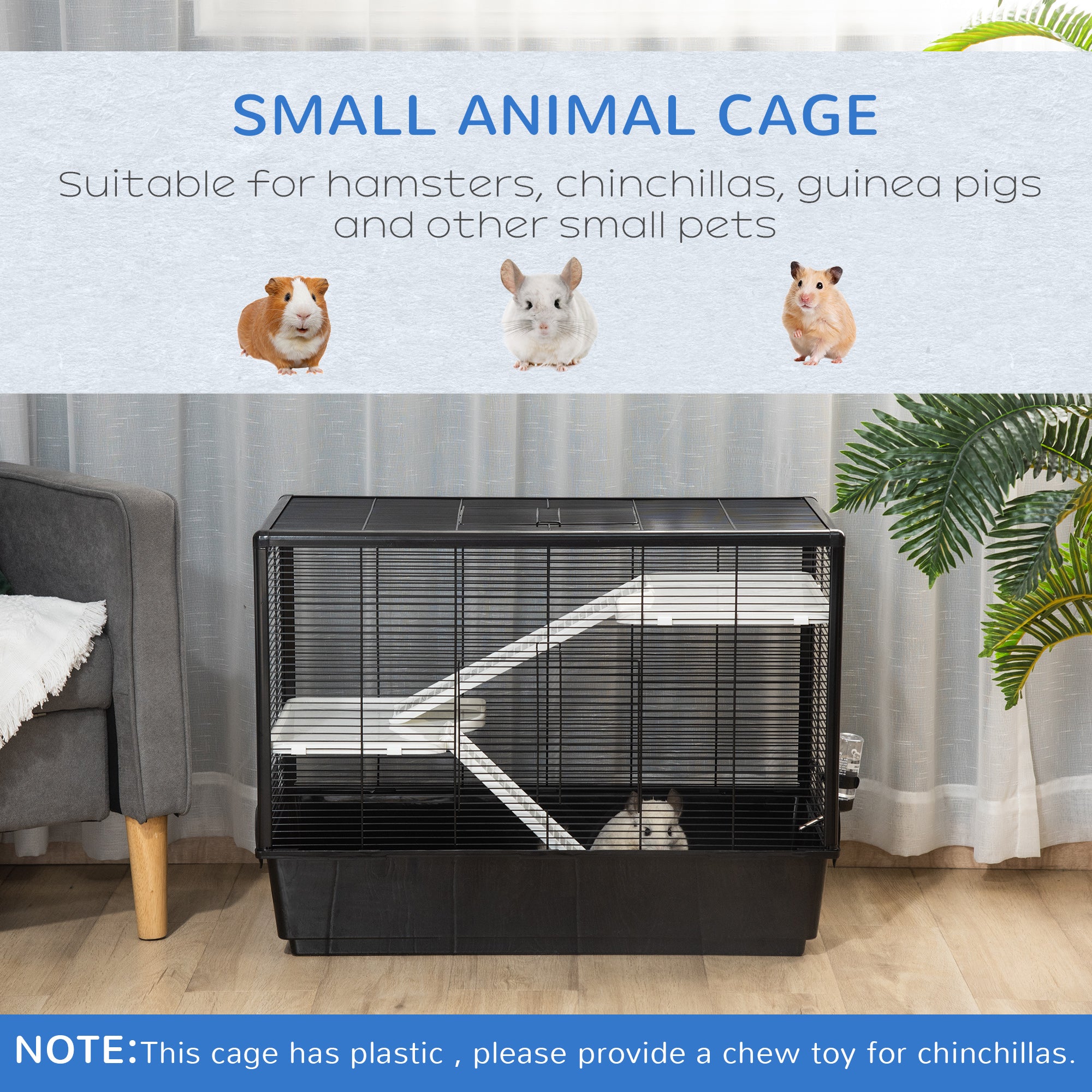 Cage à hamsters à 3 niveaux, cage pour cochons d’Inde, maison de jeu intérieure pour chinchillas avec accessoires : gamelle, biberon, rampes, 31.5"x19"x 23", noire