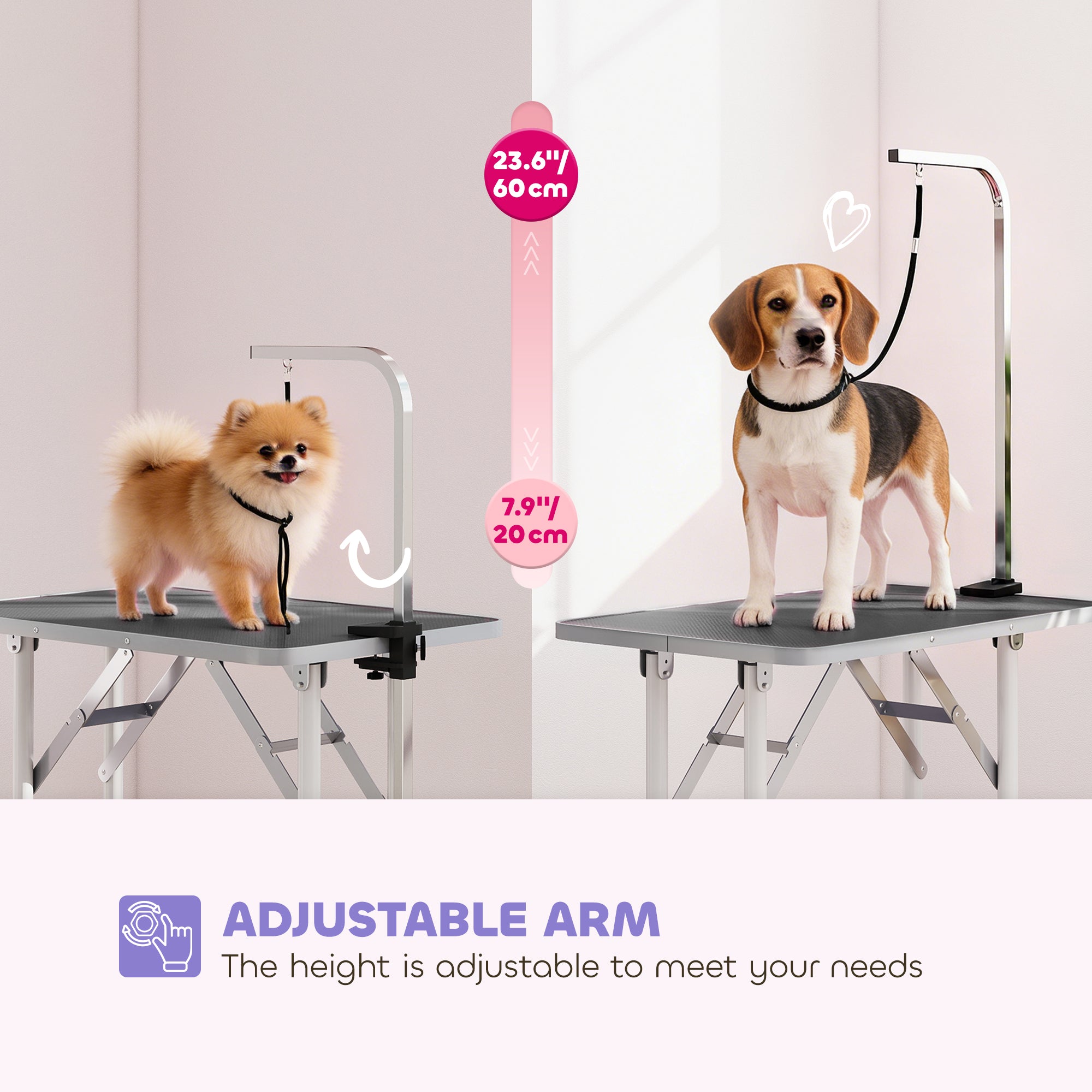 Foldable Pet Grooming Table for Dogs Cats with Adjustable Arm, Non-slip Surface, Black