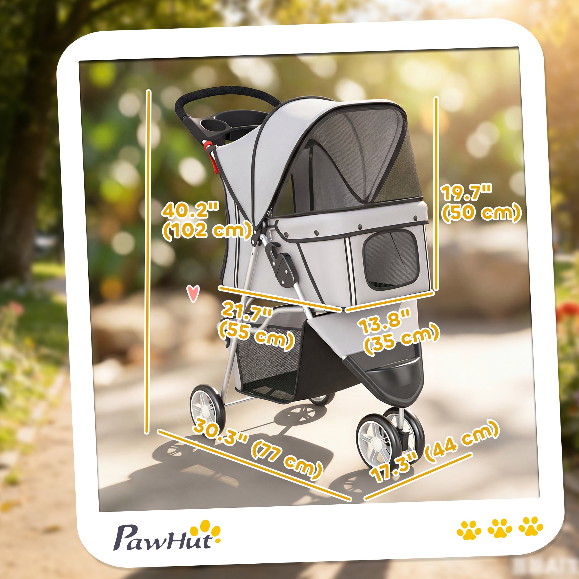 3 Wheels Foldable Dog Stroller with Storage Basket, Adjustable Canopy, Cupholder for Miniature and Small Dogs, Grey
