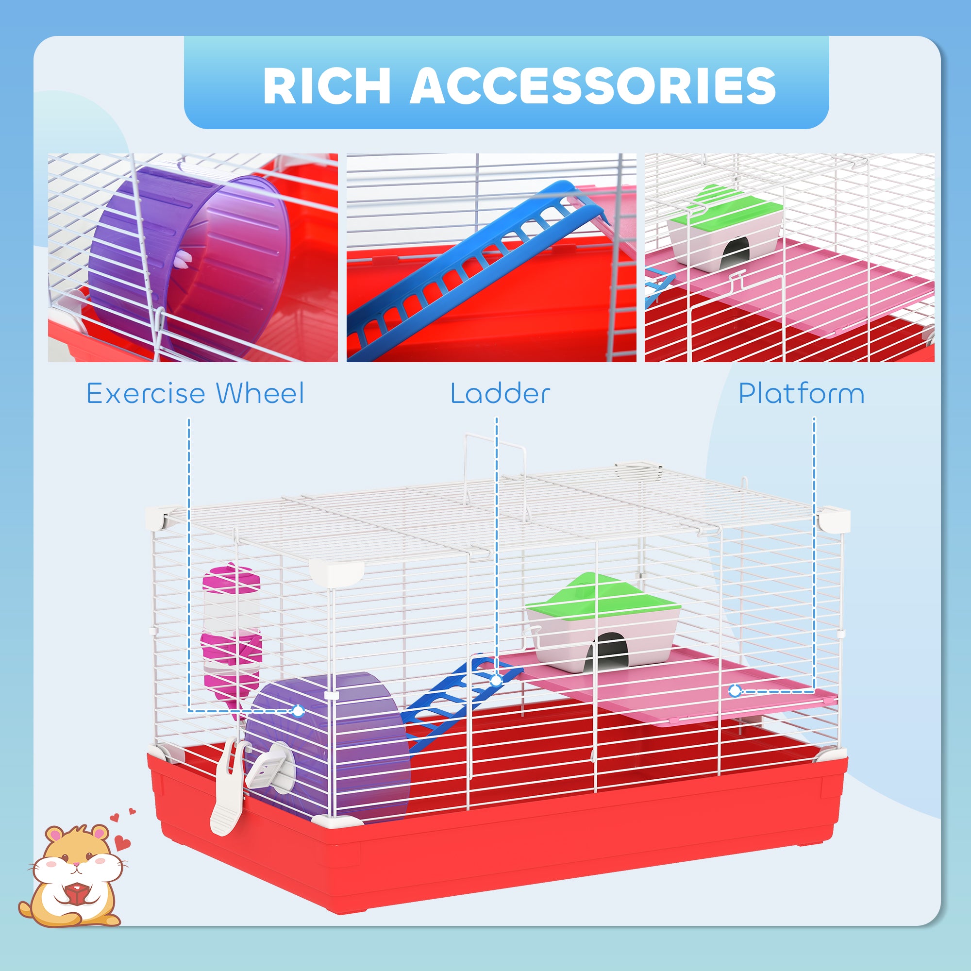 Cage pour hamster de 18.5'' avec roue d’exercice et gamelles-biberon, maison et habitats pour rats, conception à 2 étages, rouge