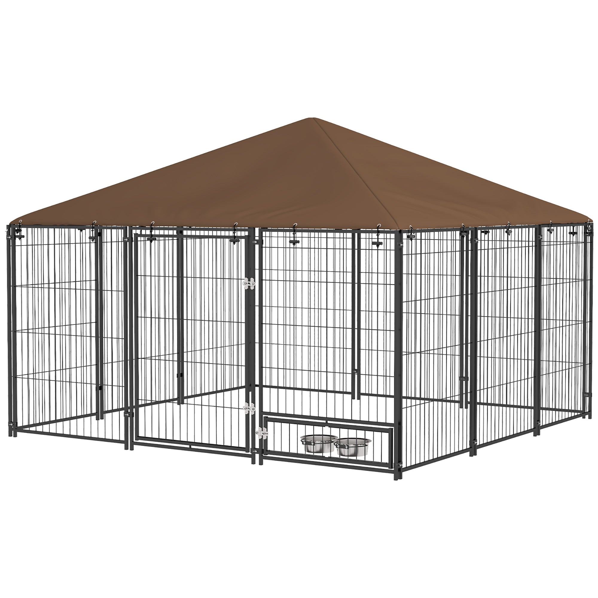6,9' x 4,6' x 5' Chenil extérieur pour chien avec auvent, gamelles rotatives, café