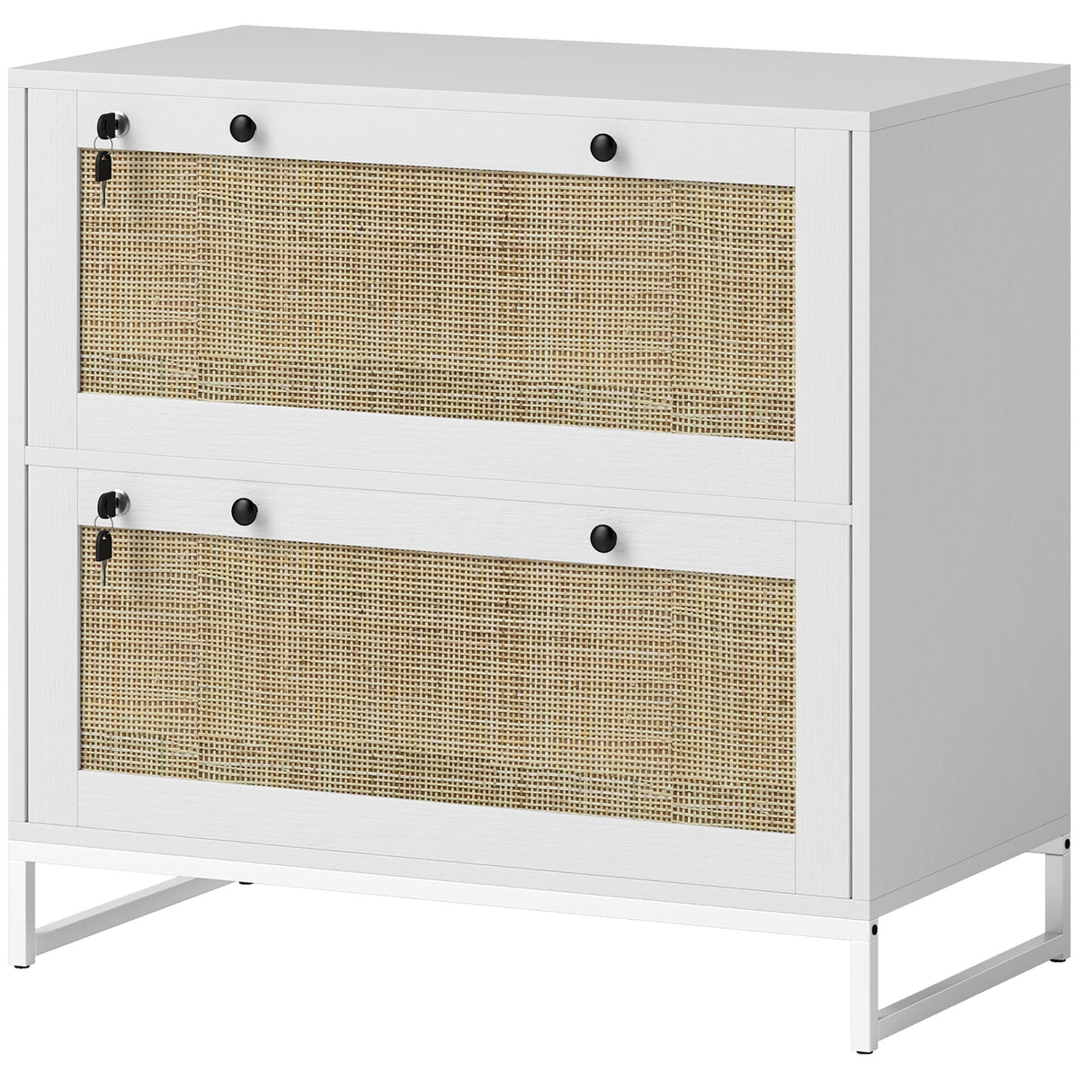 2-Drawer Rattan File Cabinet with Lock - White 29.5"