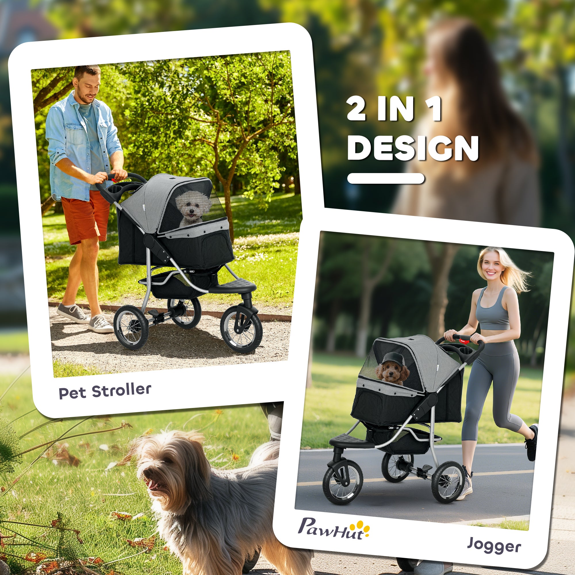 Small Dog Stroller, 3-Wheel Foldable Pet Stroller with Adjustable Canopy and Zippered Mesh Door for Pet Owners, Grey