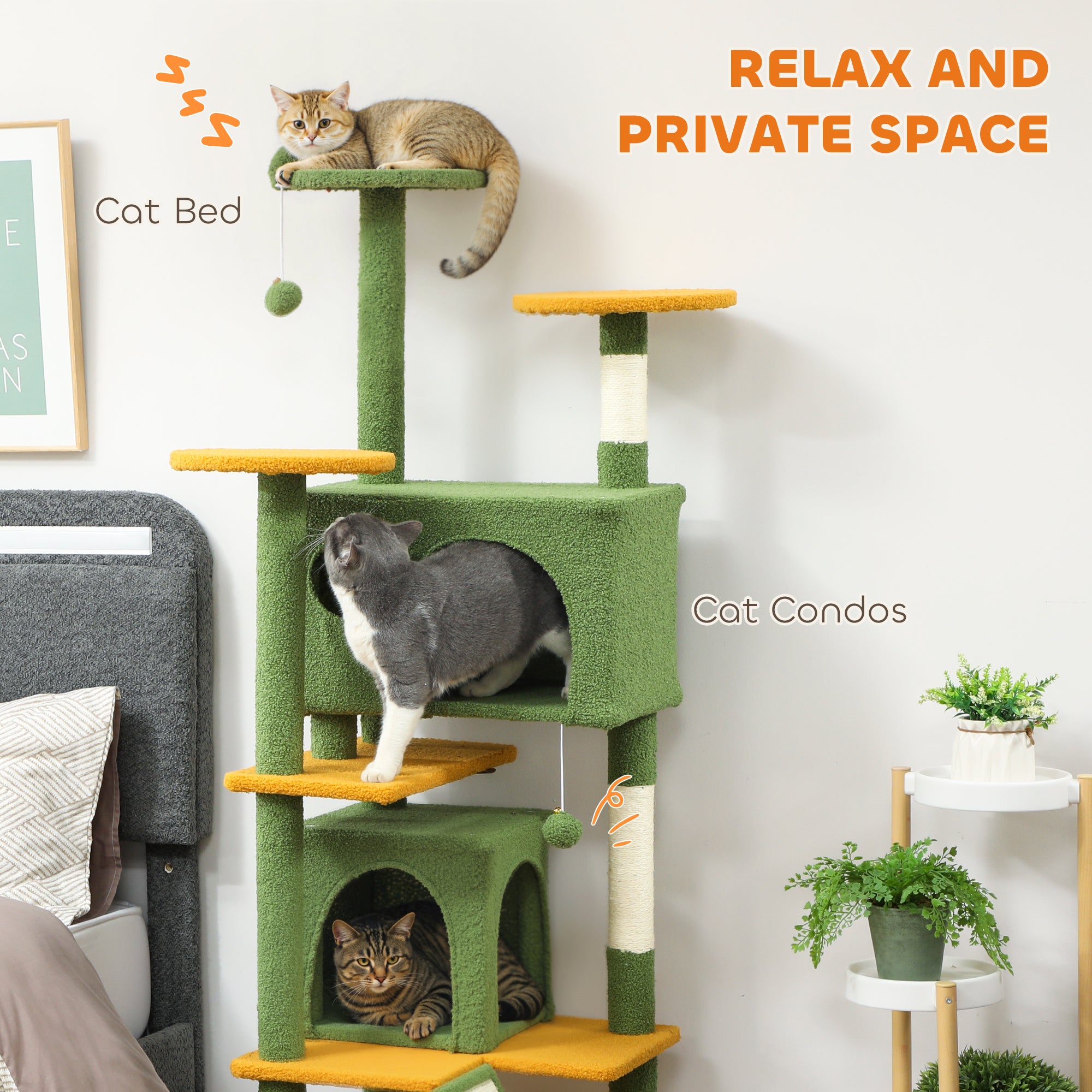 63" Cat Tree, Multi-Level Cat Tower with Scratching Posts, Cat Condos, Bed, Platforms, Ramp, Toy Ball, Green