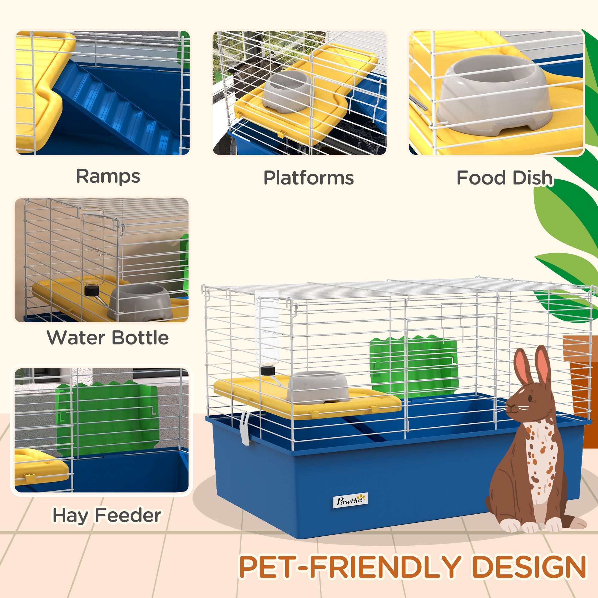 18.5" Small Animal Cage with Water Bottle, Food Dish, Platform, Ramp, Blue