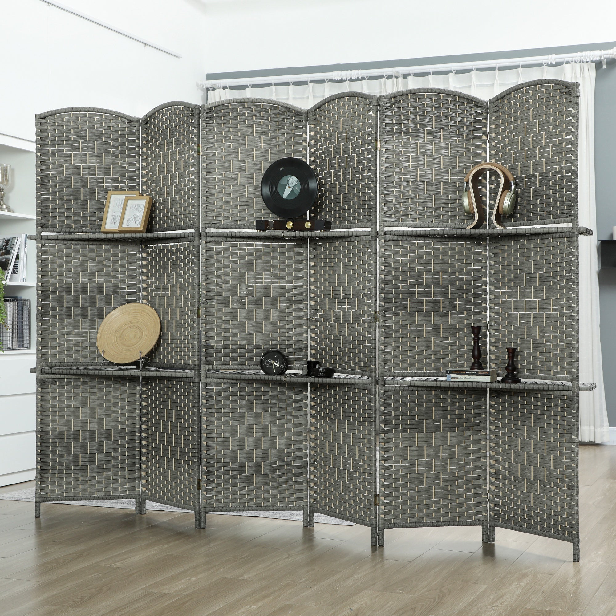 Paravent d’intimité de 6 pieds, séparateur de pièce à 6 panneaux avec étagères pour salon, chambre ou bureau à domicile, gris