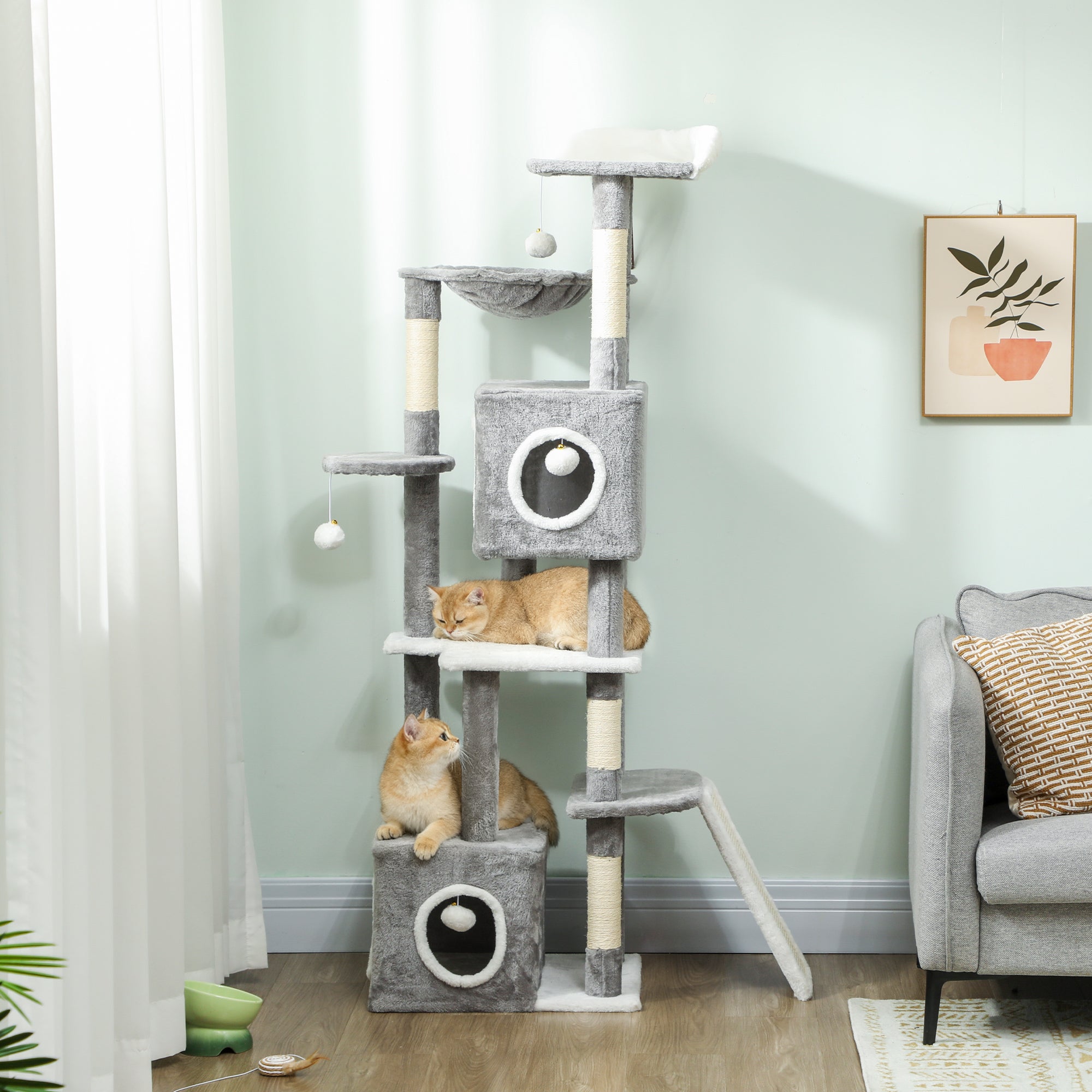 65 Inch Cat Tree with 2 Doors Condos, Plush Top Perch, Hammock, Sisal Scratching Posts, 4 Pompoms, Ramp, Grey