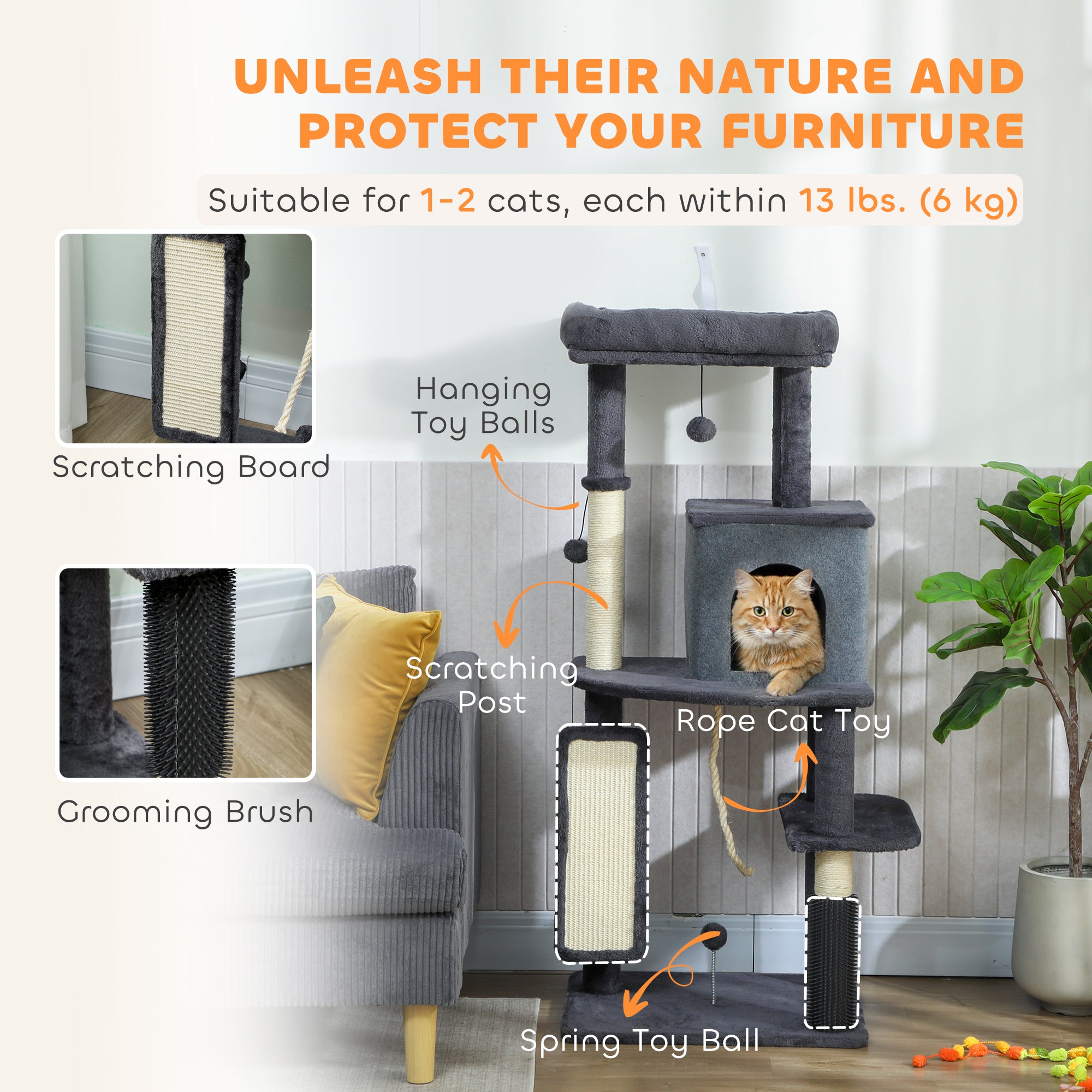 52 Inch Cat Tree with Scratching Posts, Cat Bed, Condo, Grooming Brush, Jumping Platforms, Toy Balls, Anti-tip Kit
