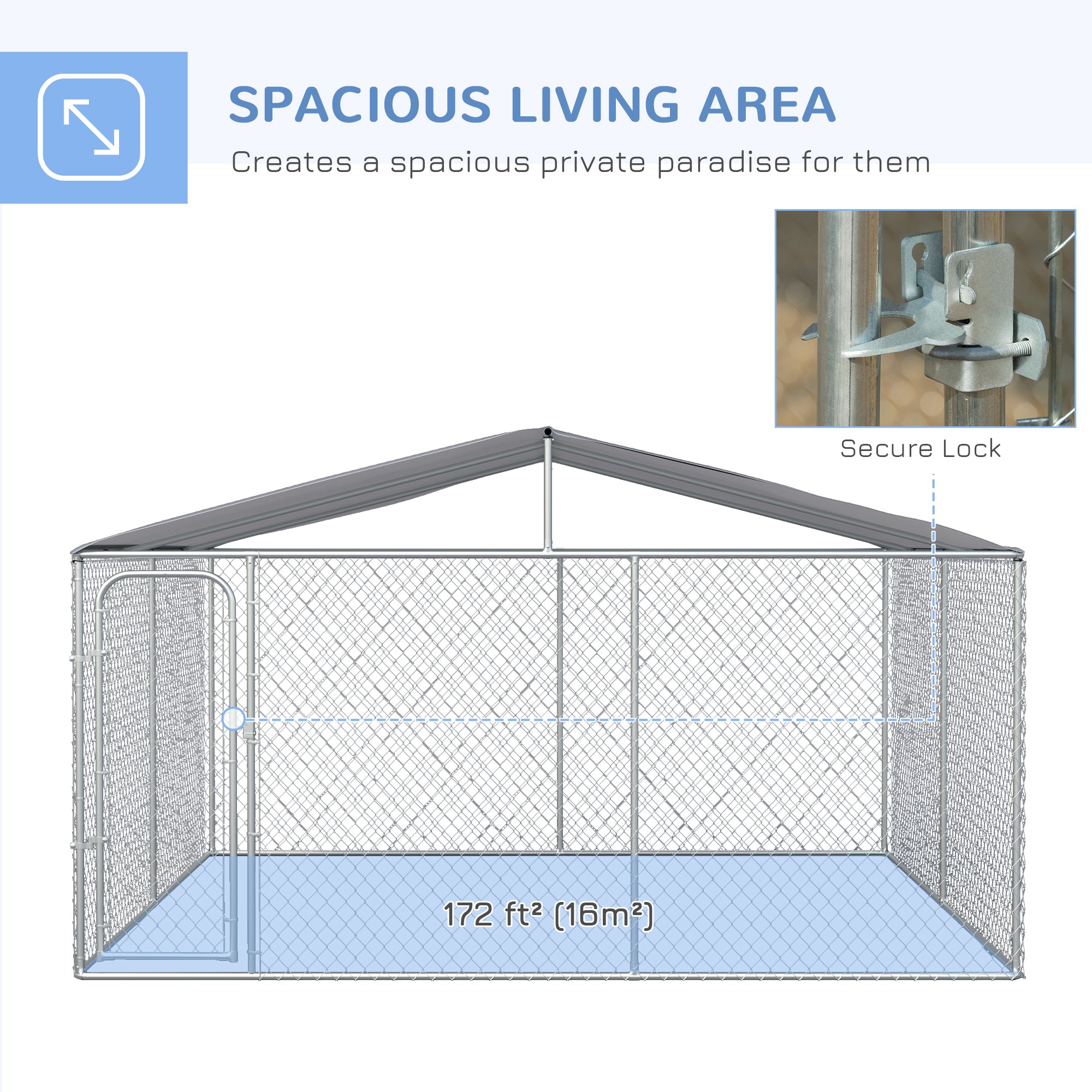 Chenil extérieur pour chien, parc robuste avec verrou sécurisé et couverture, pour jardin et terrasse, 13.1' x 13.1' x 7.5'