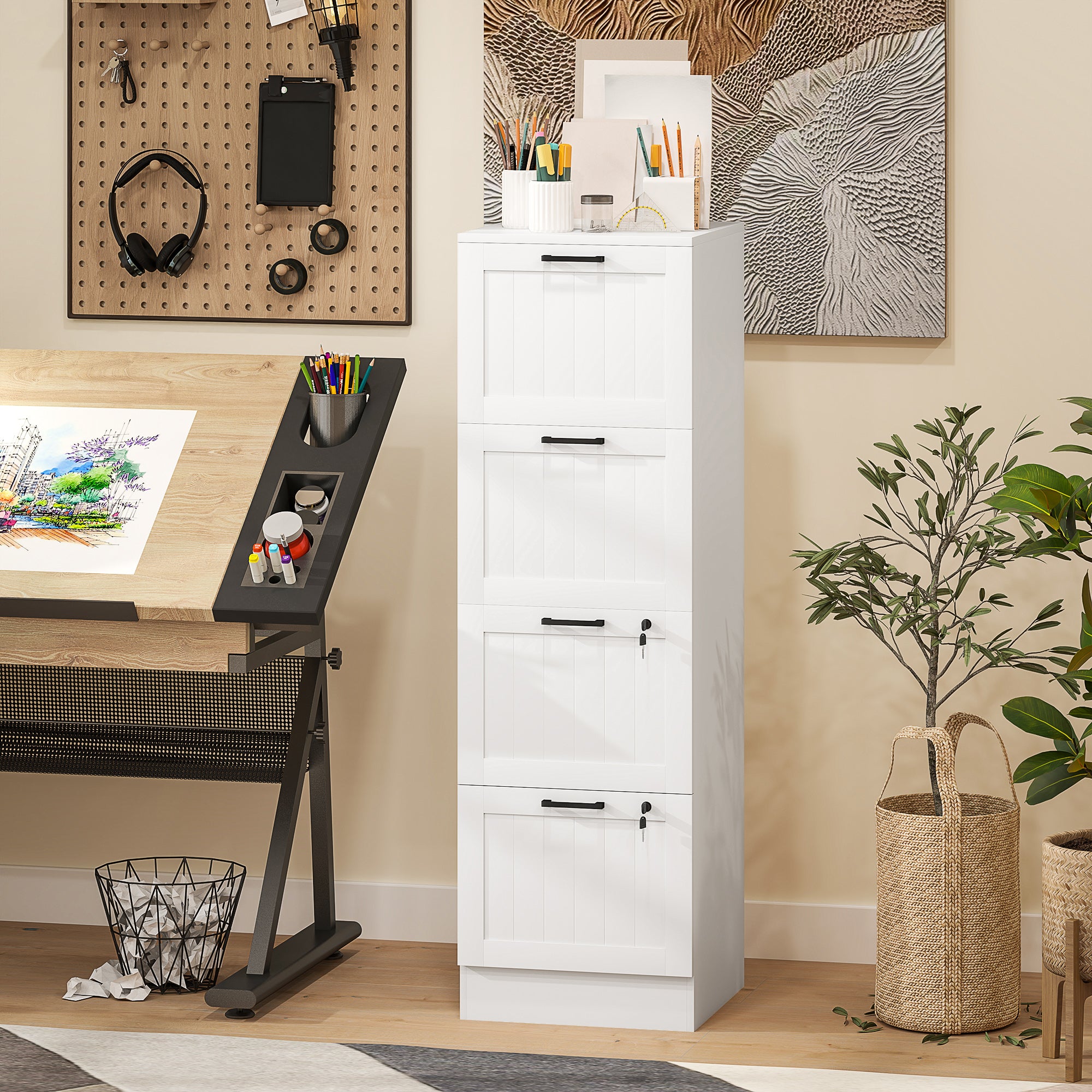 4-Drawer Locking Filing Cabinet - White MDF Office Storage
