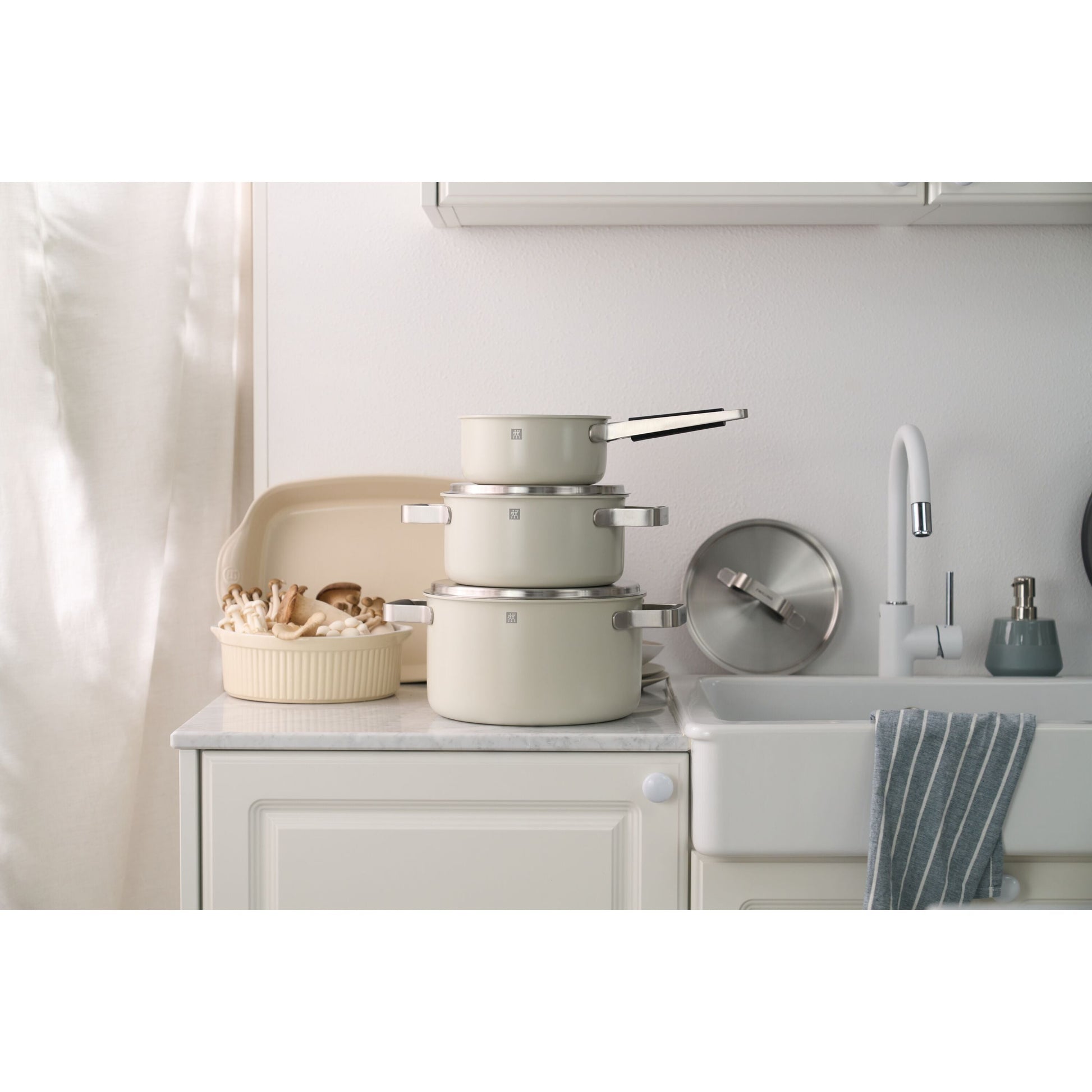 ZWILLING Pure Cookware Set, 6 Piece 18/10 Stainless Steel, Ivory-White-Cookware Set-DECOROLALA