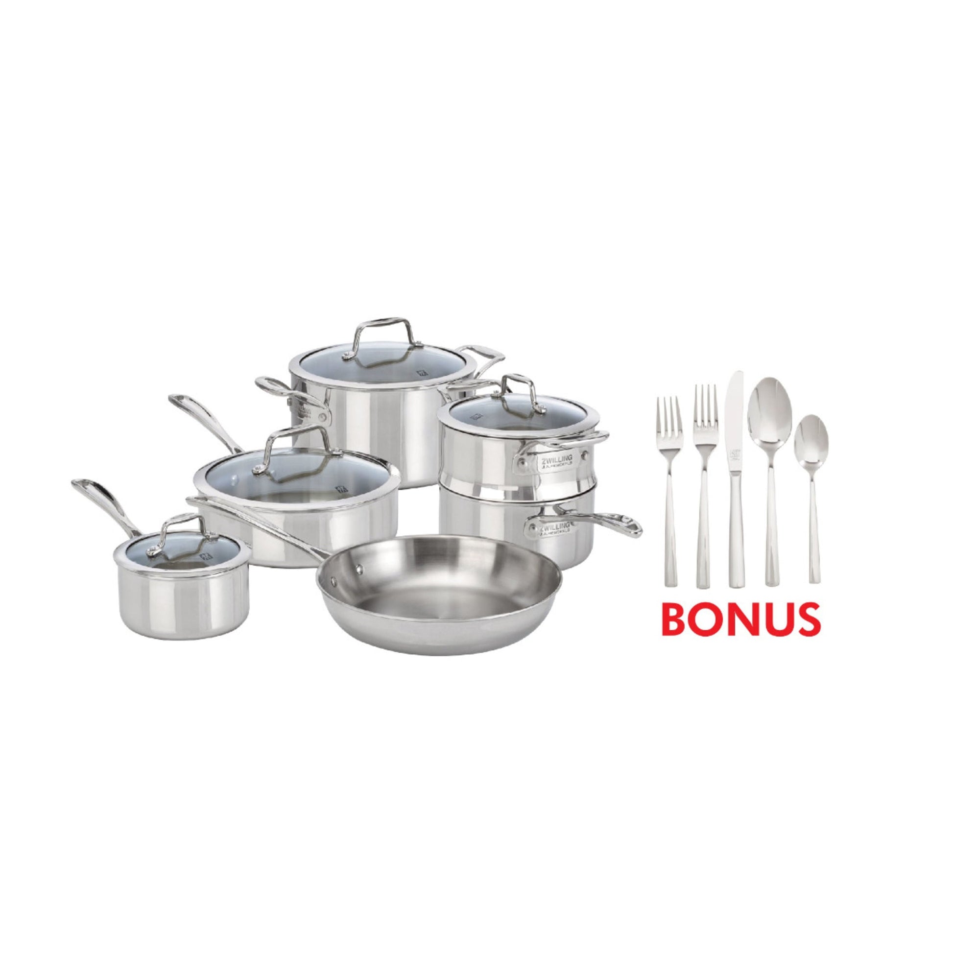 ZWILLING Vista Clad 10 Piece 18/10 Stainless Steel Cookware Set With Bonus 20 Piece Flatware Set-Cookware Set-DECOROLALA