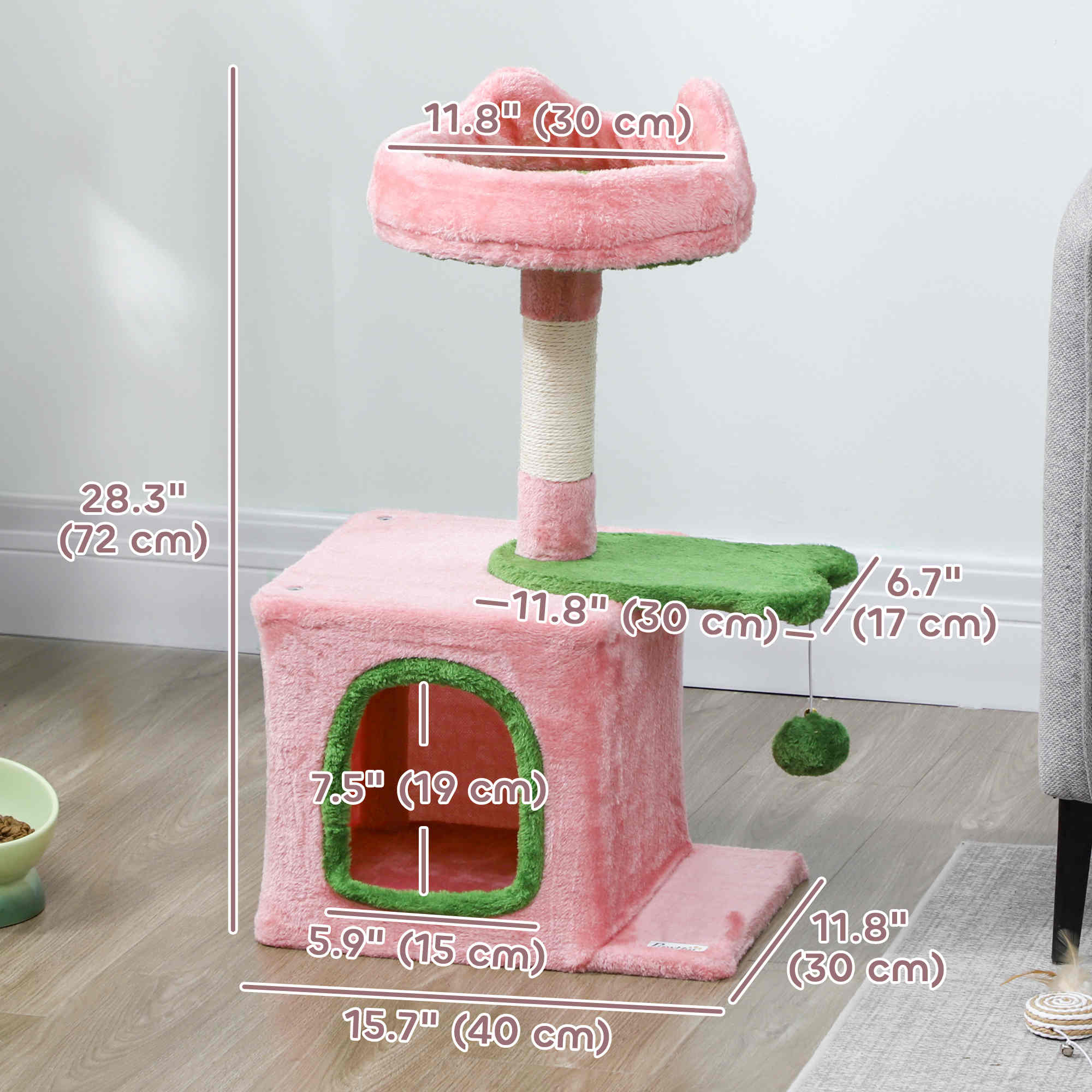 28" Cat Tree Tower with Plush Top Bed, Cozy Condo, Sisal Scratching Post, Perch, Dangling Ball, Pink & Green