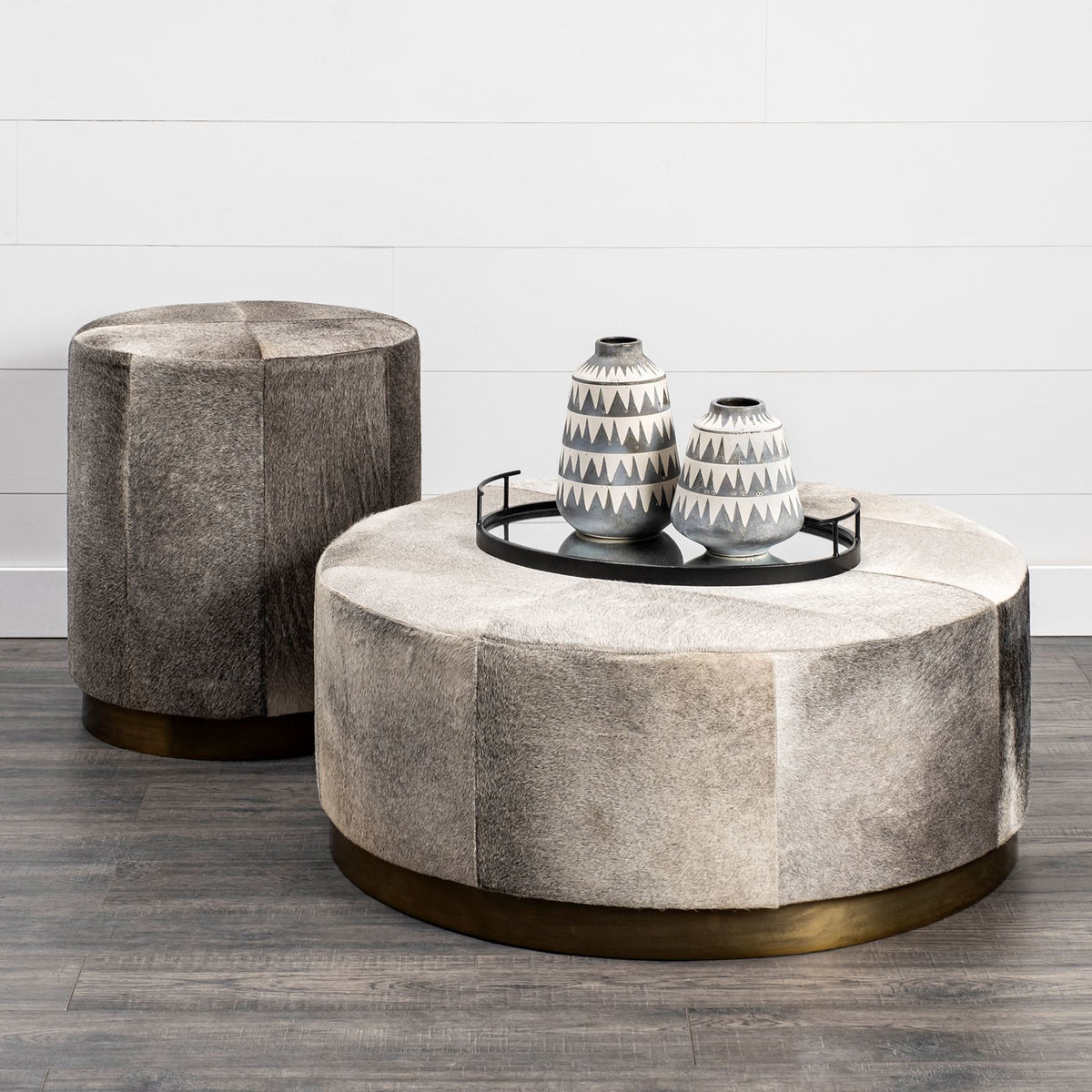 Zahavi 36" Gray Hair-On-hide W/Metal Base Ottoman-Stools & Ottomans-DECOROLALA