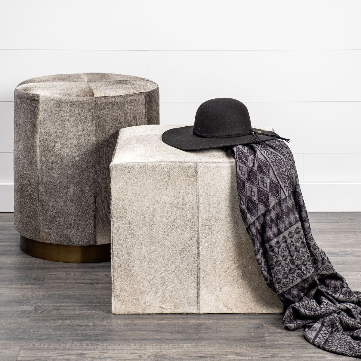Zahavi I 20" Grey-toned hair-on-hide ottoman-Stools & Ottomans-DECOROLALA