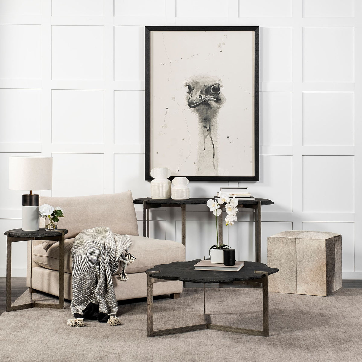 Zahavi I Grey Hair-on-Hide Leather Ottoman-Stools & Ottomans-DECOROLALA