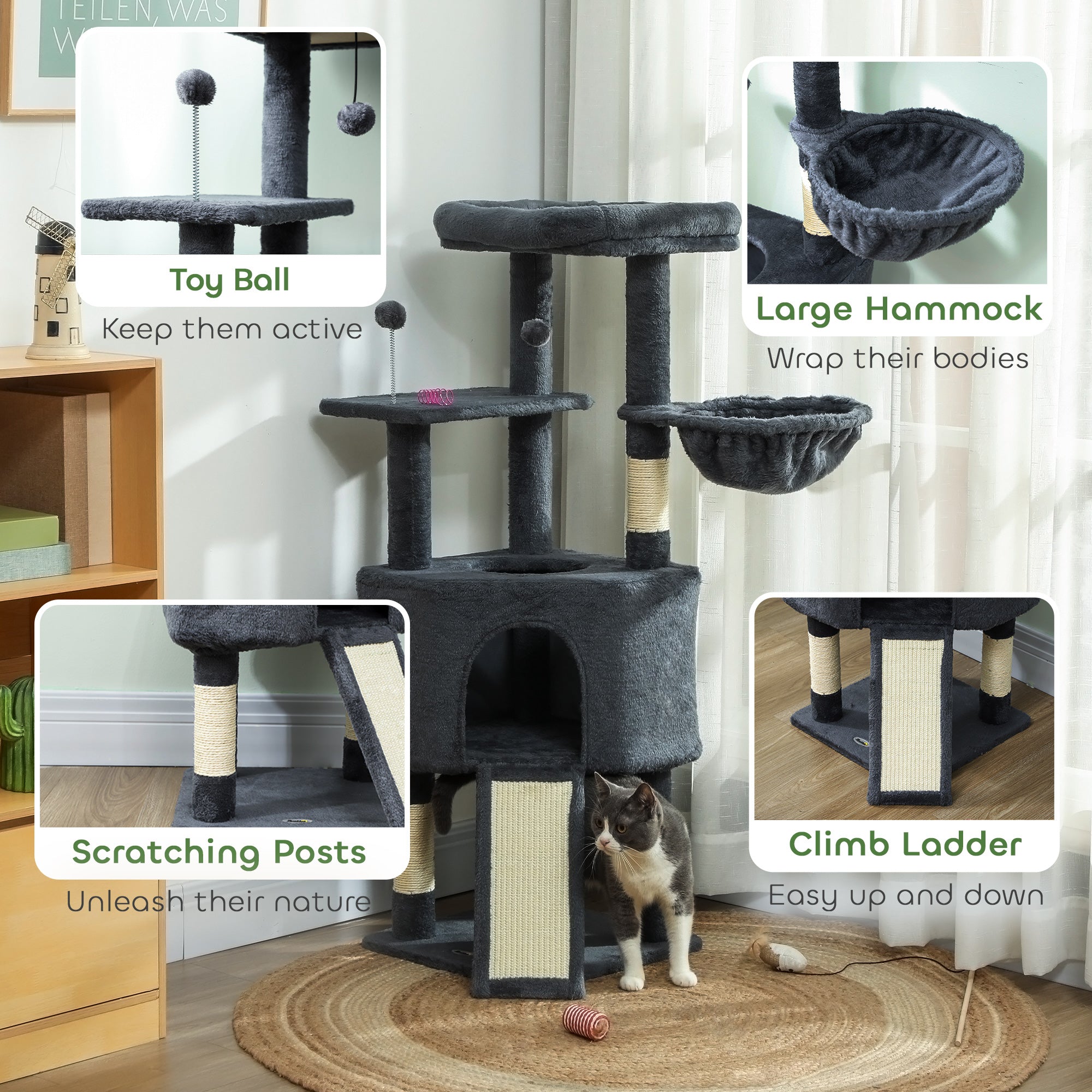 47 Inch Cat Tree, Cat Tower for Indoor Cats with Cozy Condo, Bed, Toy Balls, Sisal Scratching Posts, Hammock, Dark Grey