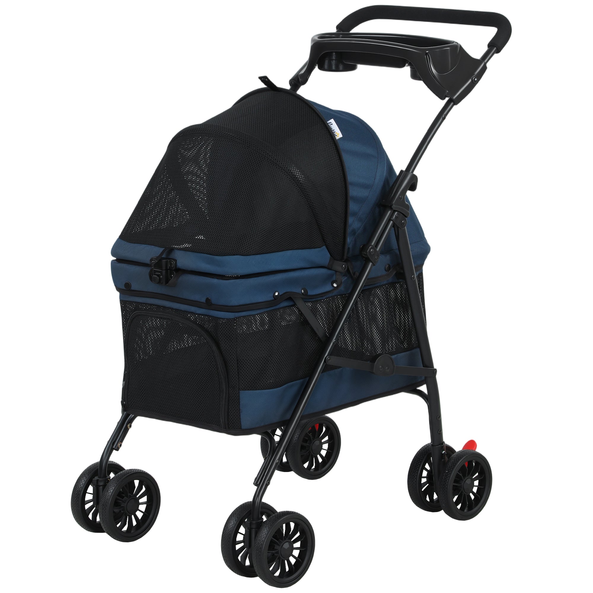 Poussette pliable pour animaux de compagnie, pour petits chiens et chats, à 4 roues, avec fenêtres en maille, frein, coussin amovible, panier de rangement, bleu foncé