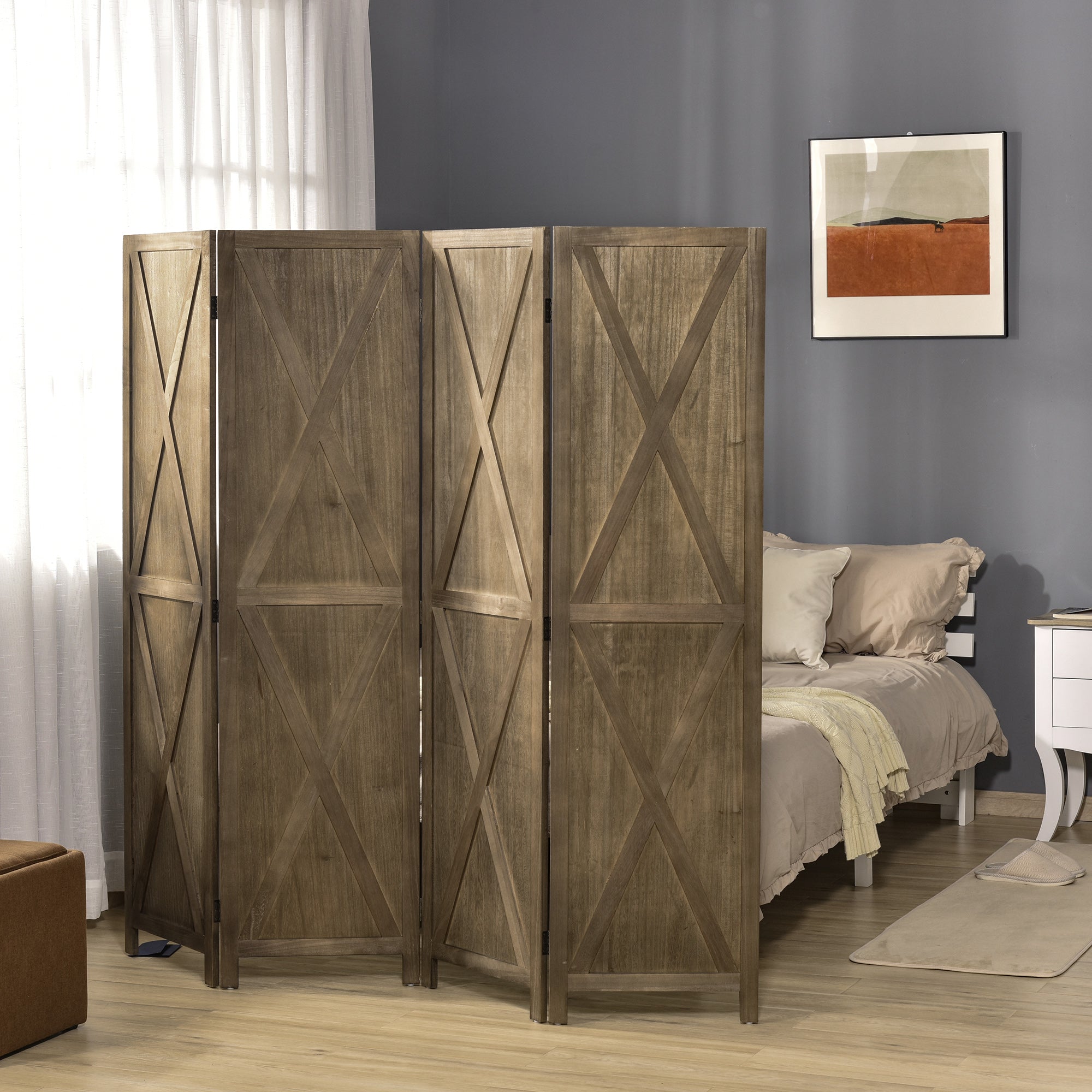4-panel Wall Partition Farmhouse Room Separator with Foldable Design Wooden Frame 5.6FT, Brown