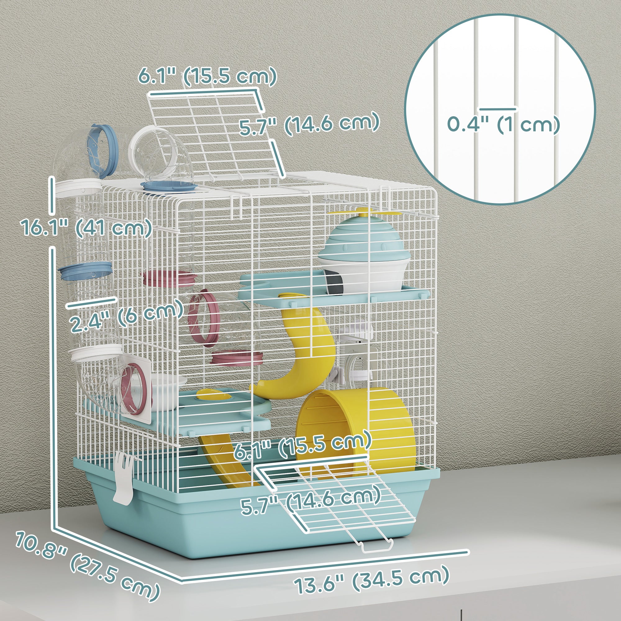 3-Level Hamster Cage with Exercise Wheel, Play Tube, Water Bottle, Food Dish, Hut, Ladder, Blue