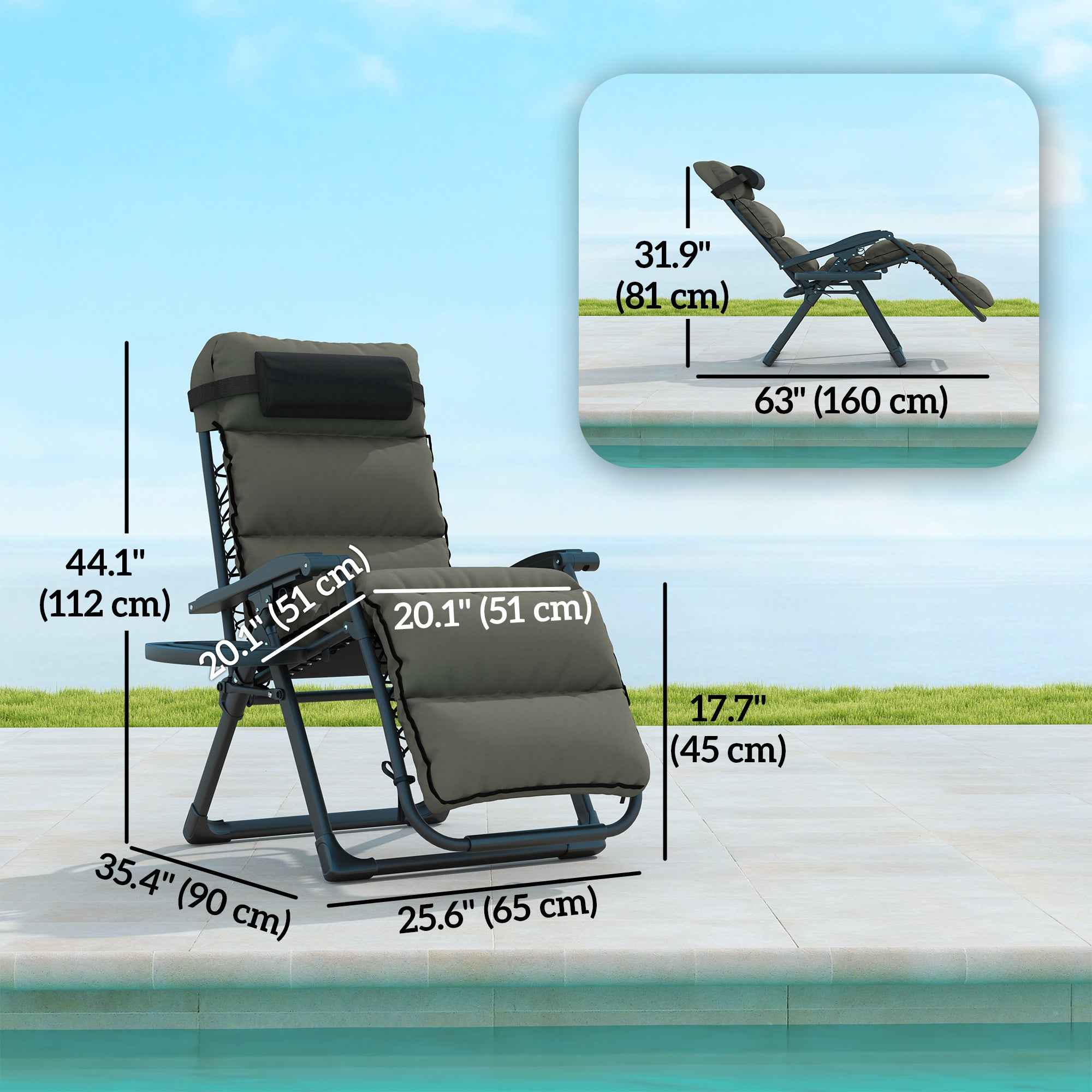 Zero Gravity Chairs Set 2pcs - Grey Recliner Garden Lounger with Cushion-DECOROLALA