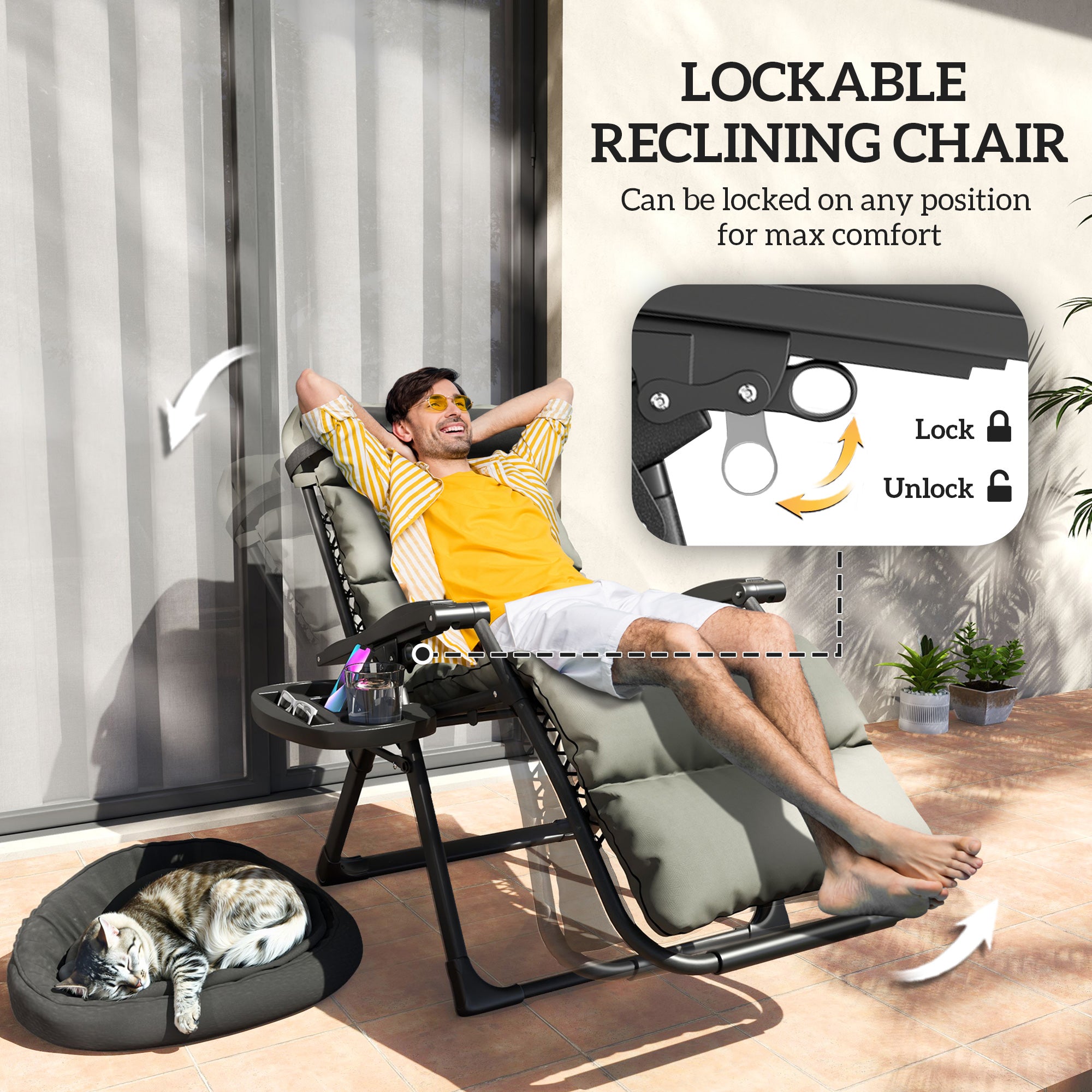 Zero Gravity Chairs Set 2pcs - Grey Recliner Garden Lounger with Cushion-DECOROLALA