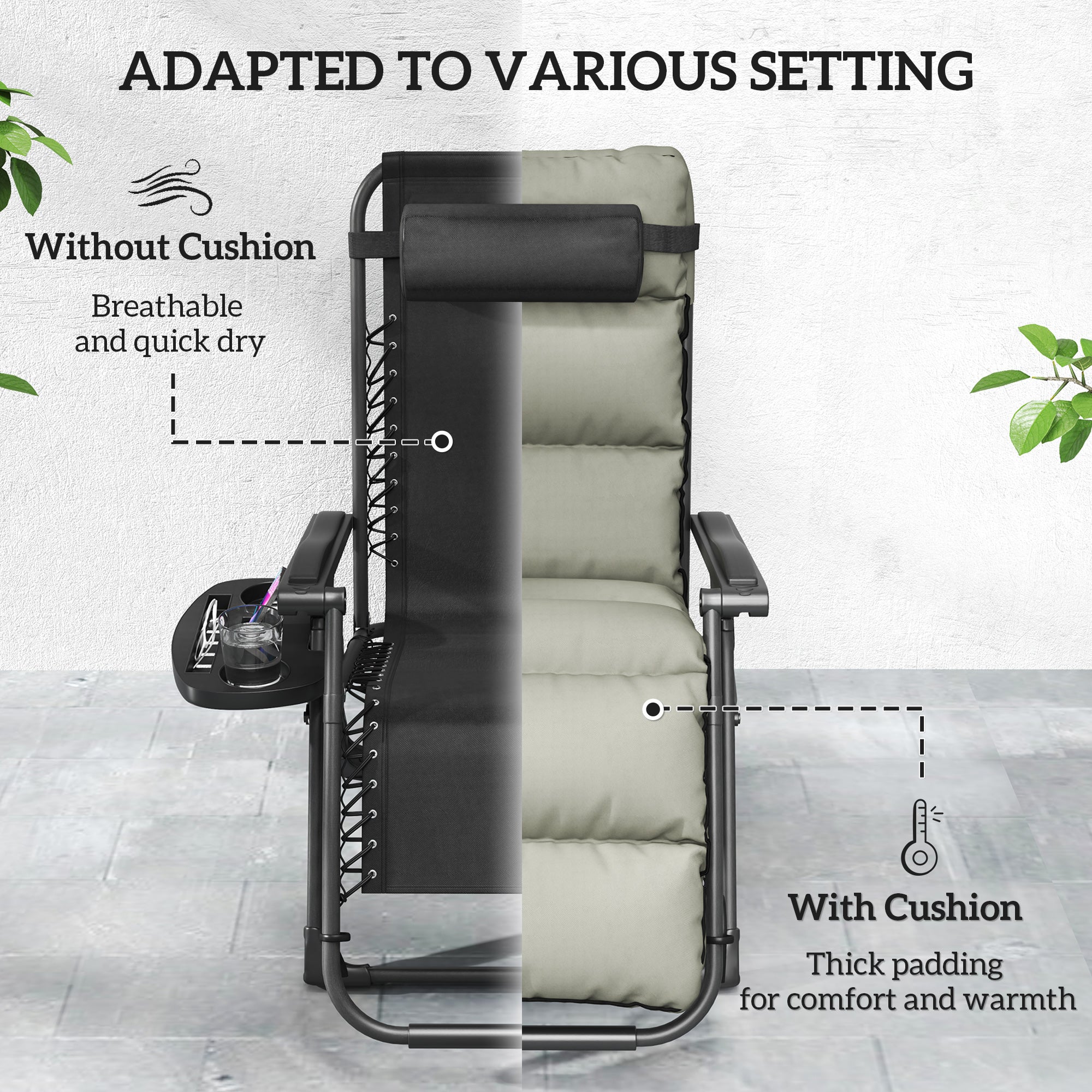 Zero Gravity Chairs Set 2pcs - Grey Recliner Garden Lounger with Cushion-DECOROLALA