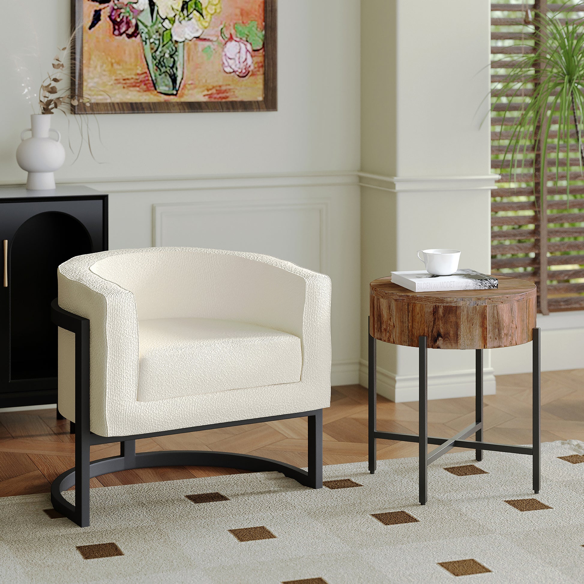 Zhuri Ivory Boucle Accent Chair with Black Metal Frame-DECOROLALA