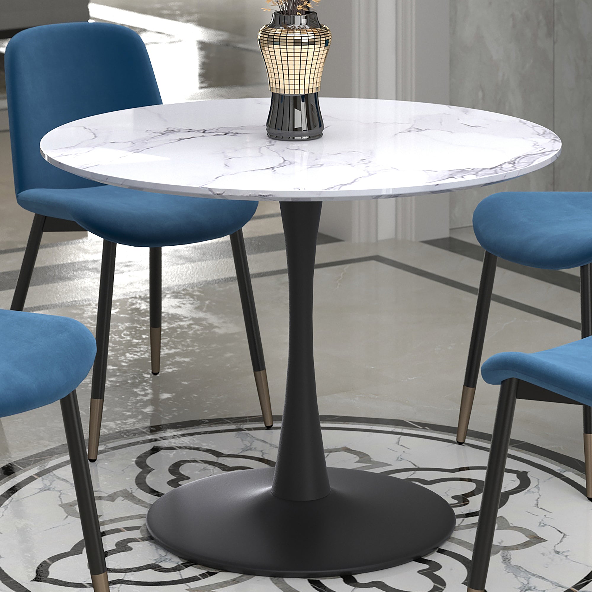 Zilo Dining Table - Black Faux Marble Mid-Century Pedestal-DECOROLALA