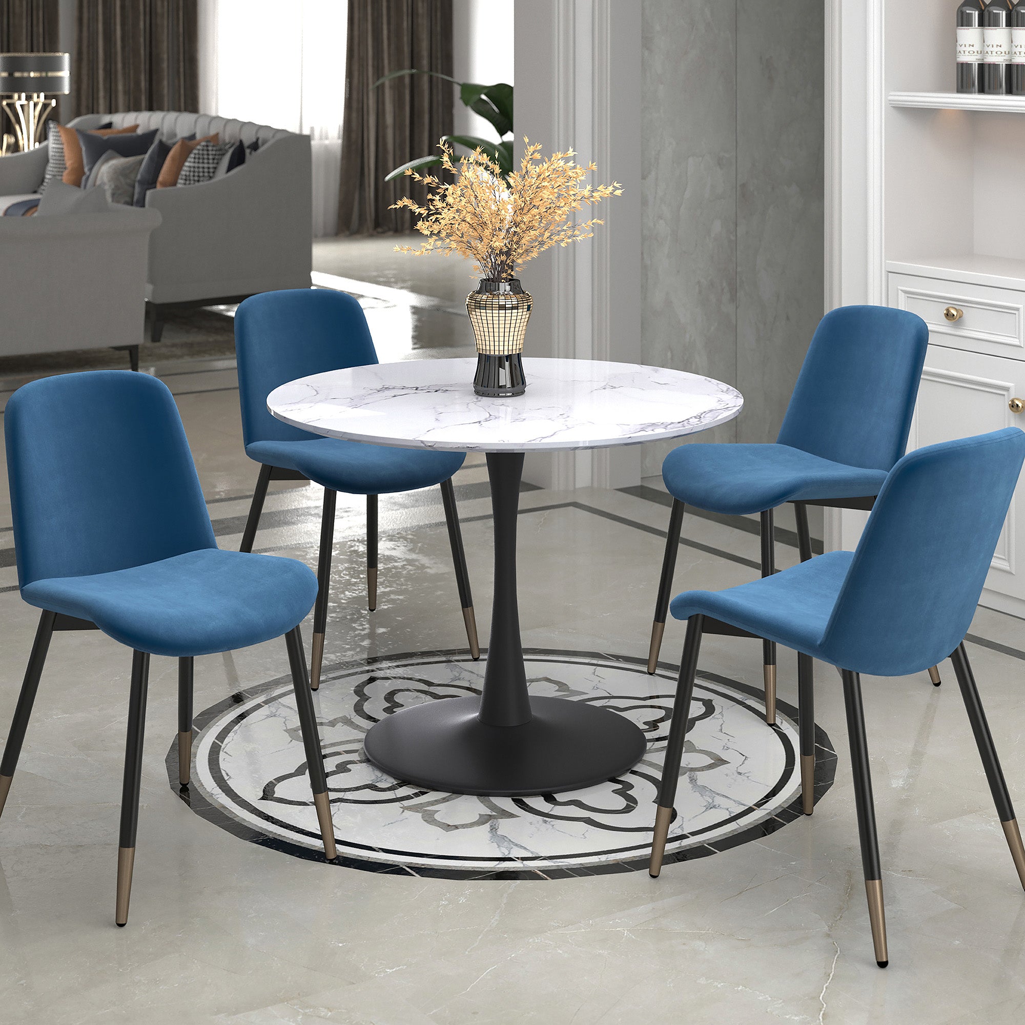 Zilo Dining Table - Black Faux Marble Mid-Century Pedestal-DECOROLALA