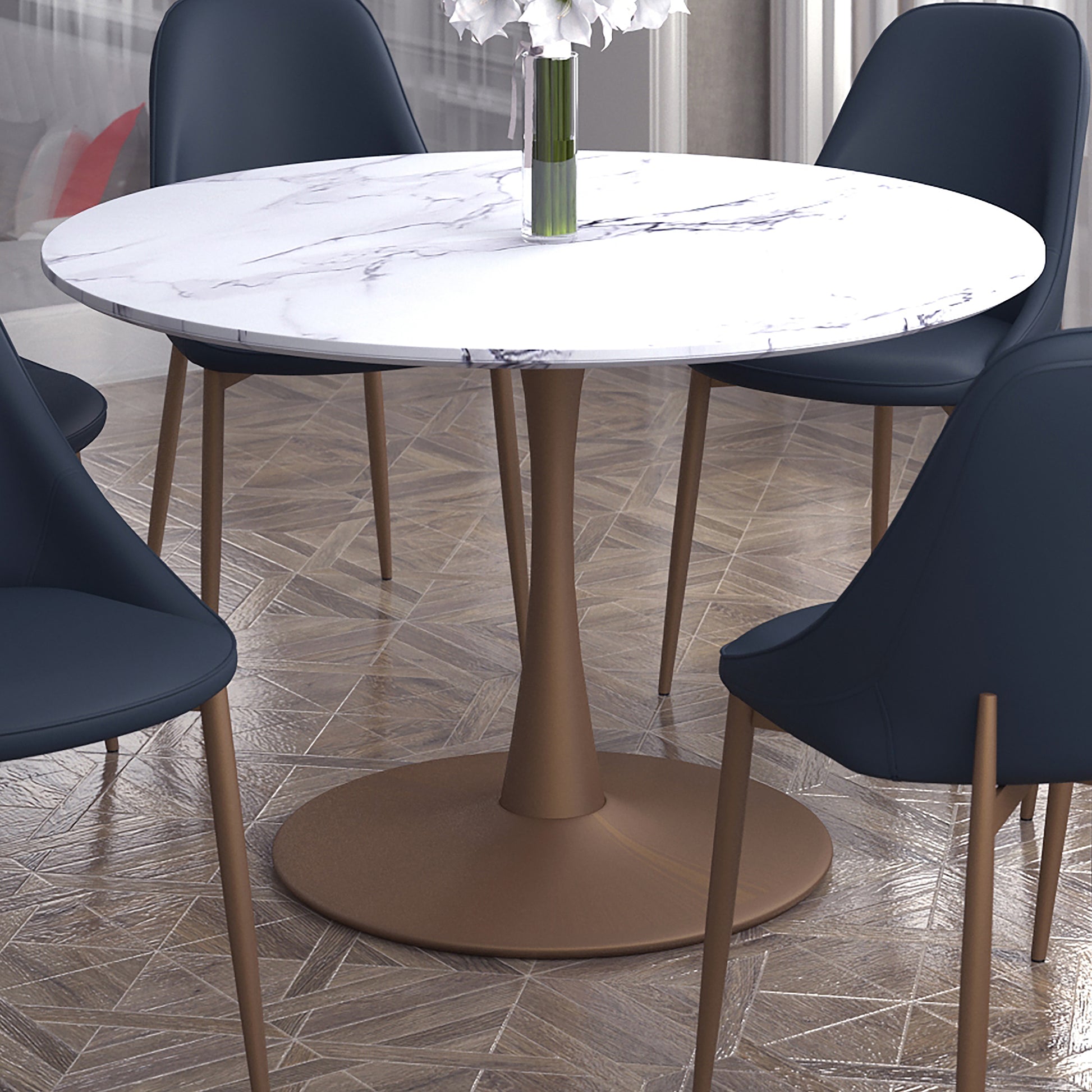 Zilo Large Pedestal Dining Table - Aged Gold Faux Marble-DECOROLALA